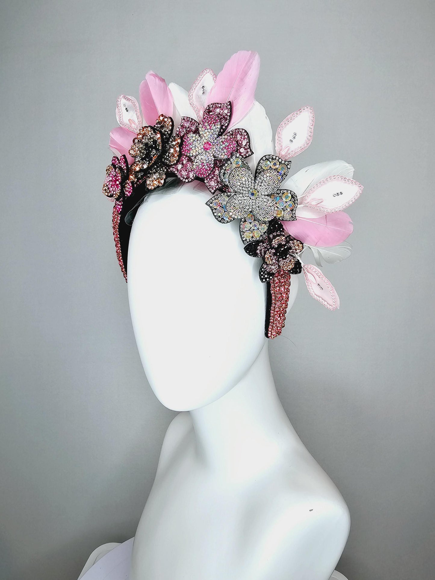 kentucky derby hat fascinator pink swarovski crystal headband iridescent pink beige black crystal flowers light pink white feathers leaves