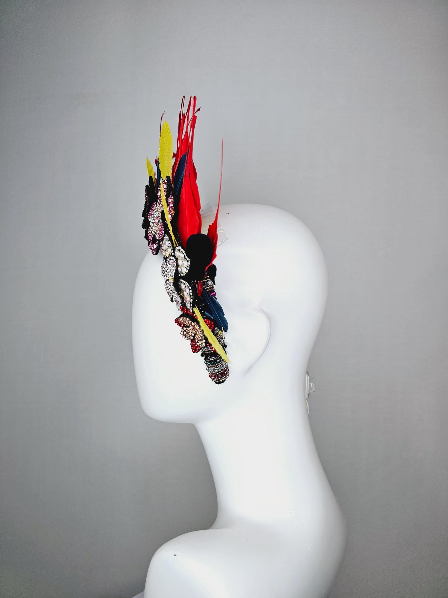 kentucky derby hat fascinator colorful swarovski crystal headband pink beige iridescent clear red crystal flowers red yellow blue feathers