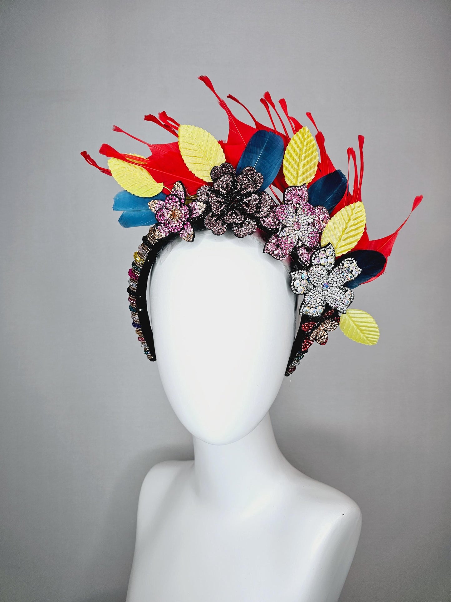 kentucky derby hat fascinator colorful swarovski crystal headband pink beige iridescent clear red crystal flowers red yellow blue feathers
