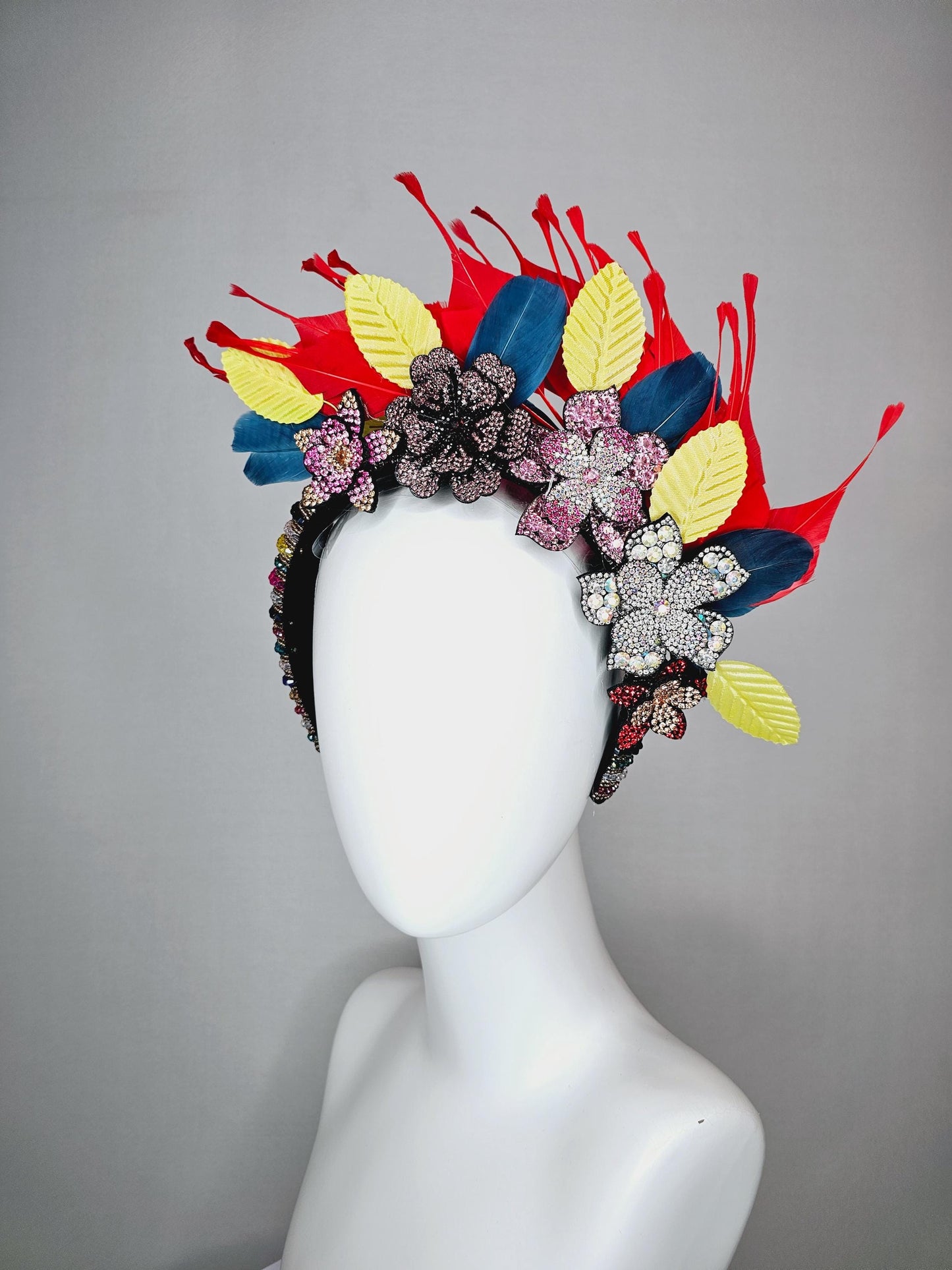 kentucky derby hat fascinator colorful swarovski crystal headband pink beige iridescent clear red crystal flowers red yellow blue feathers