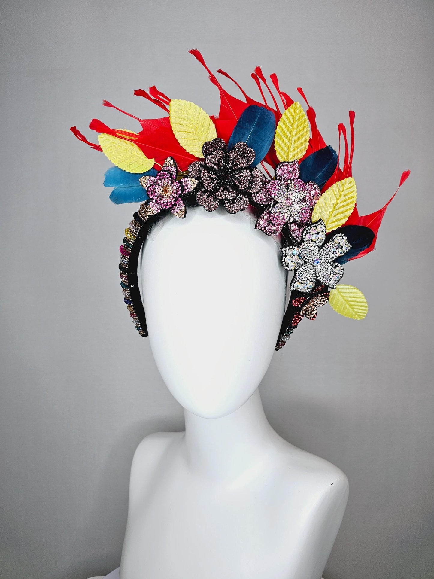 kentucky derby hat fascinator colorful swarovski crystal headband pink beige iridescent clear red crystal flowers red yellow blue feathers
