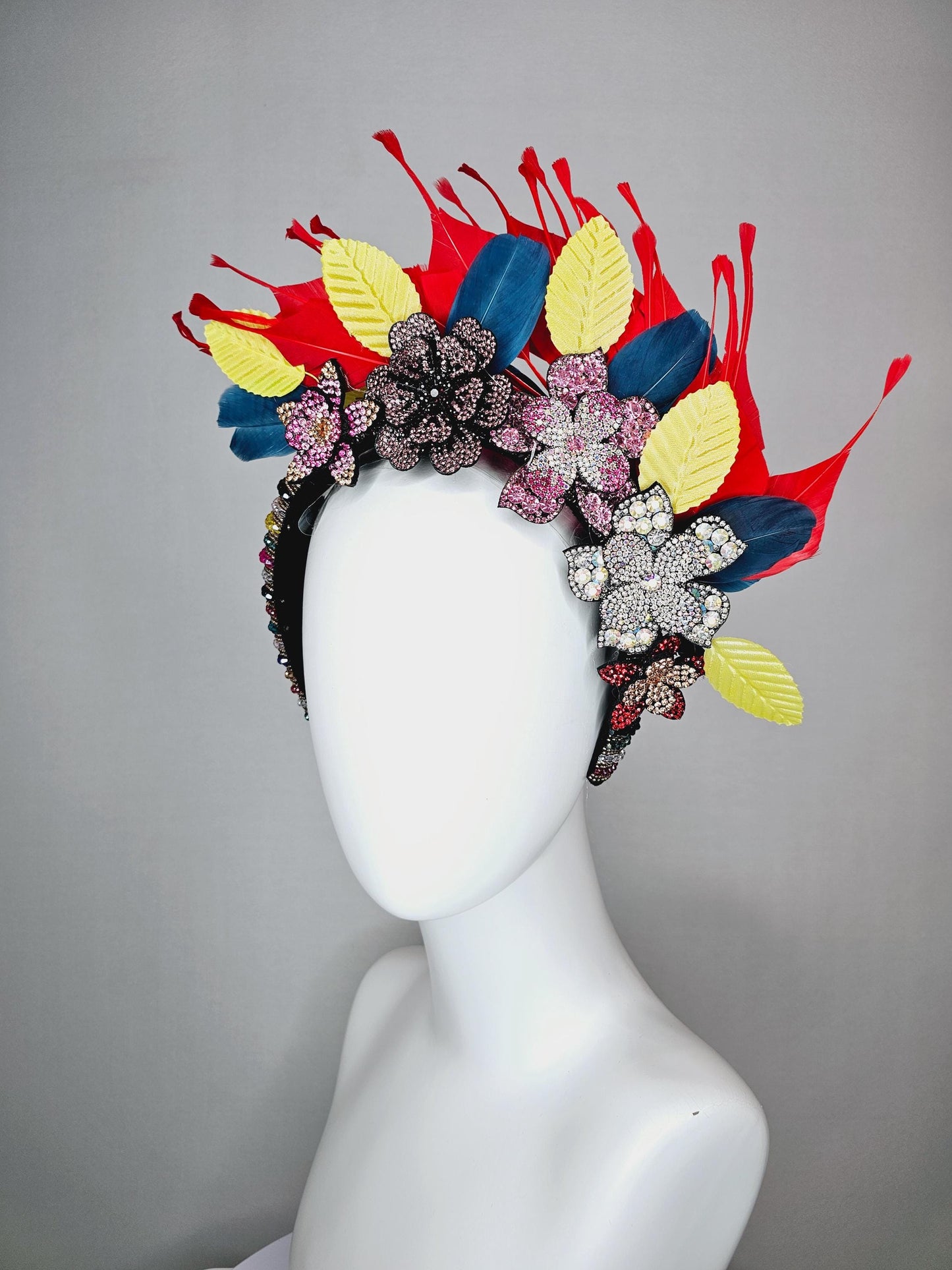 kentucky derby hat fascinator colorful swarovski crystal headband pink beige iridescent clear red crystal flowers red yellow blue feathers