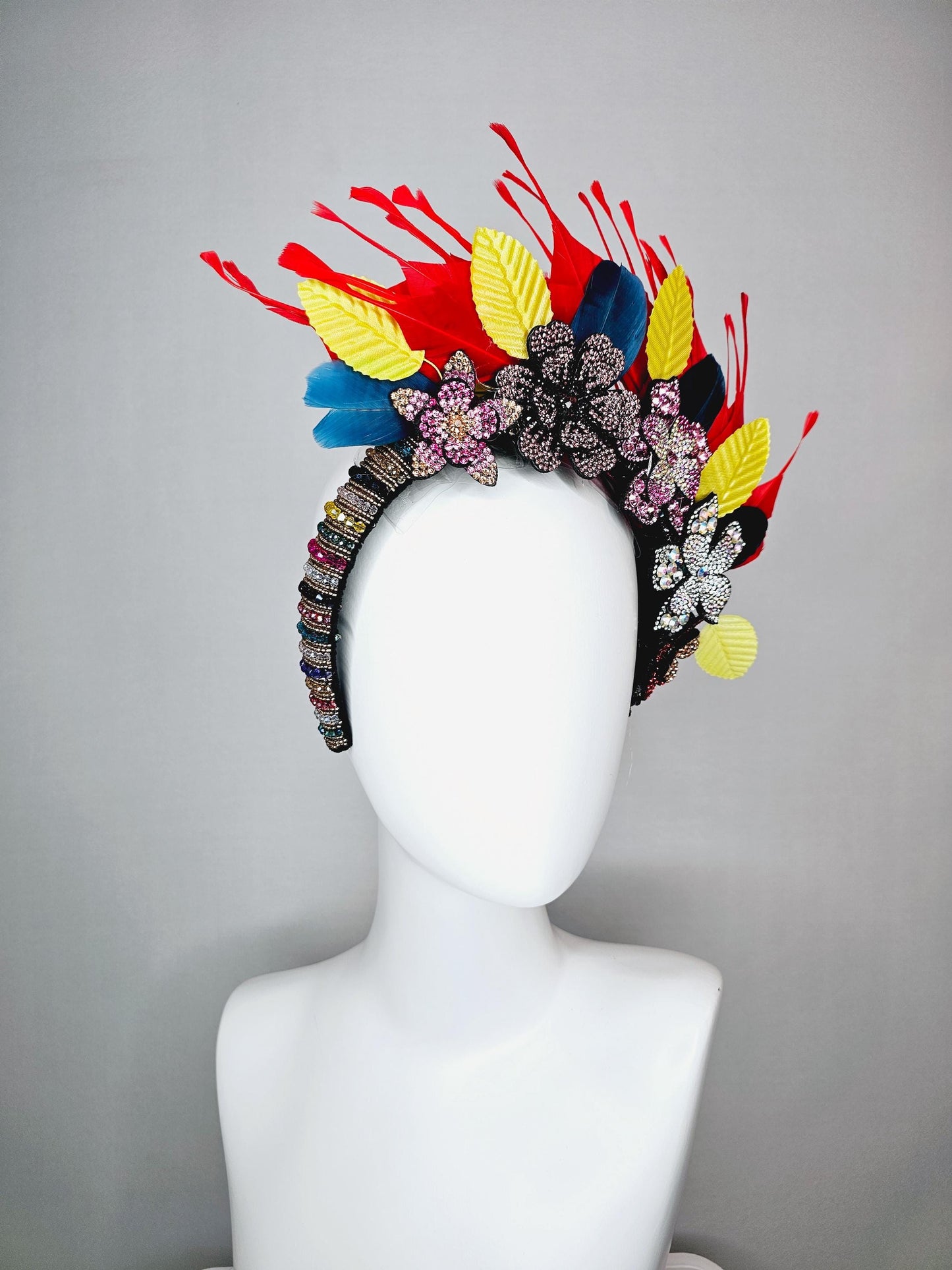 kentucky derby hat fascinator colorful swarovski crystal headband pink beige iridescent clear red crystal flowers red yellow blue feathers