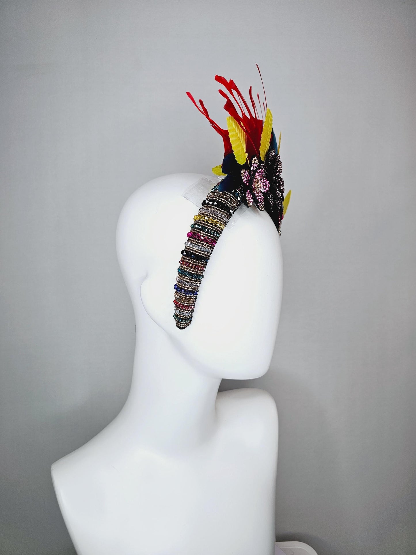kentucky derby hat fascinator colorful swarovski crystal headband pink beige iridescent clear red crystal flowers red yellow blue feathers