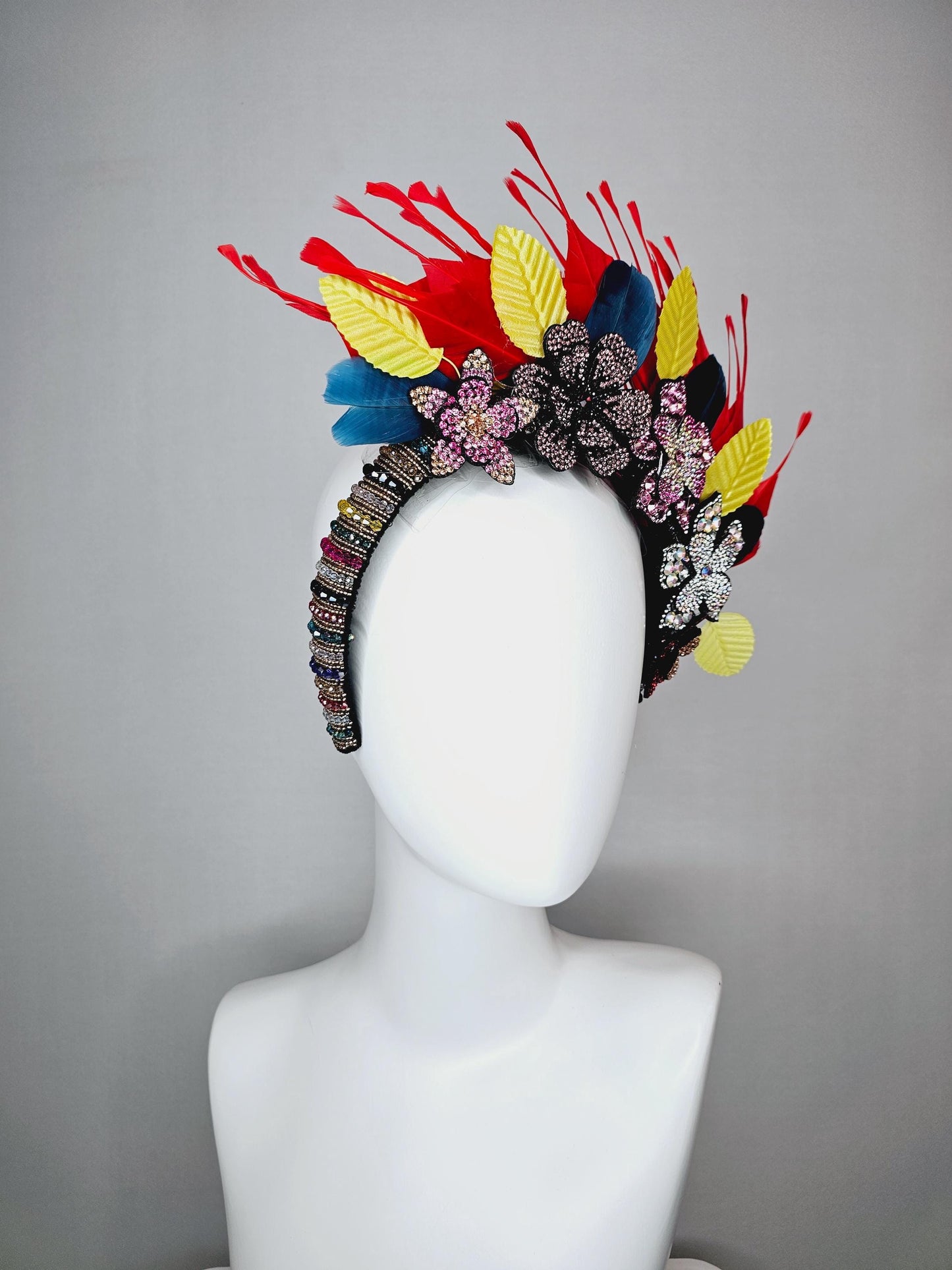 kentucky derby hat fascinator colorful swarovski crystal headband pink beige iridescent clear red crystal flowers red yellow blue feathers