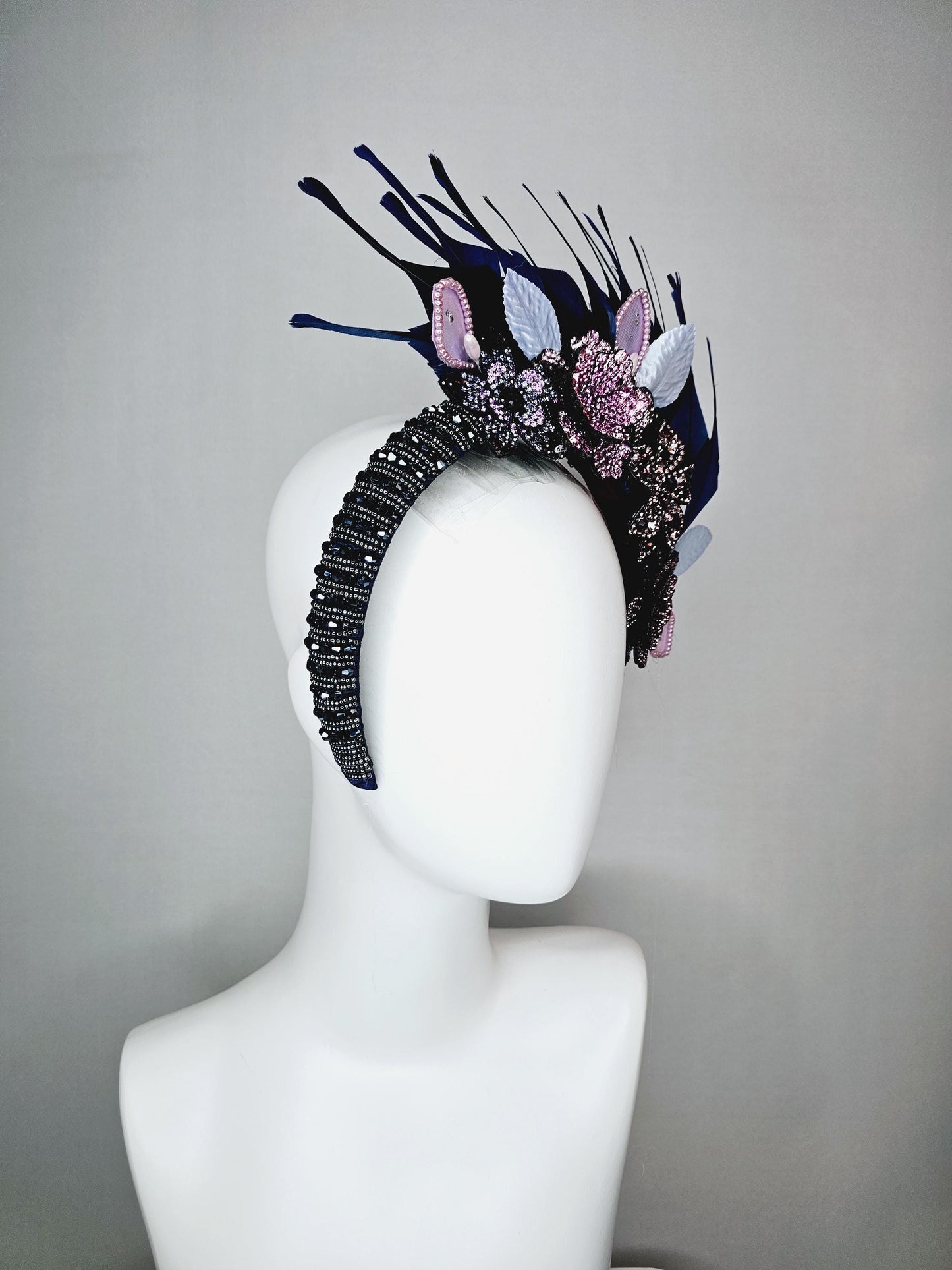 kentucky derby hat fascinator navy blue swarovski crystal headband pink beige blue purple black crystal flowers navy blue feathers leaves