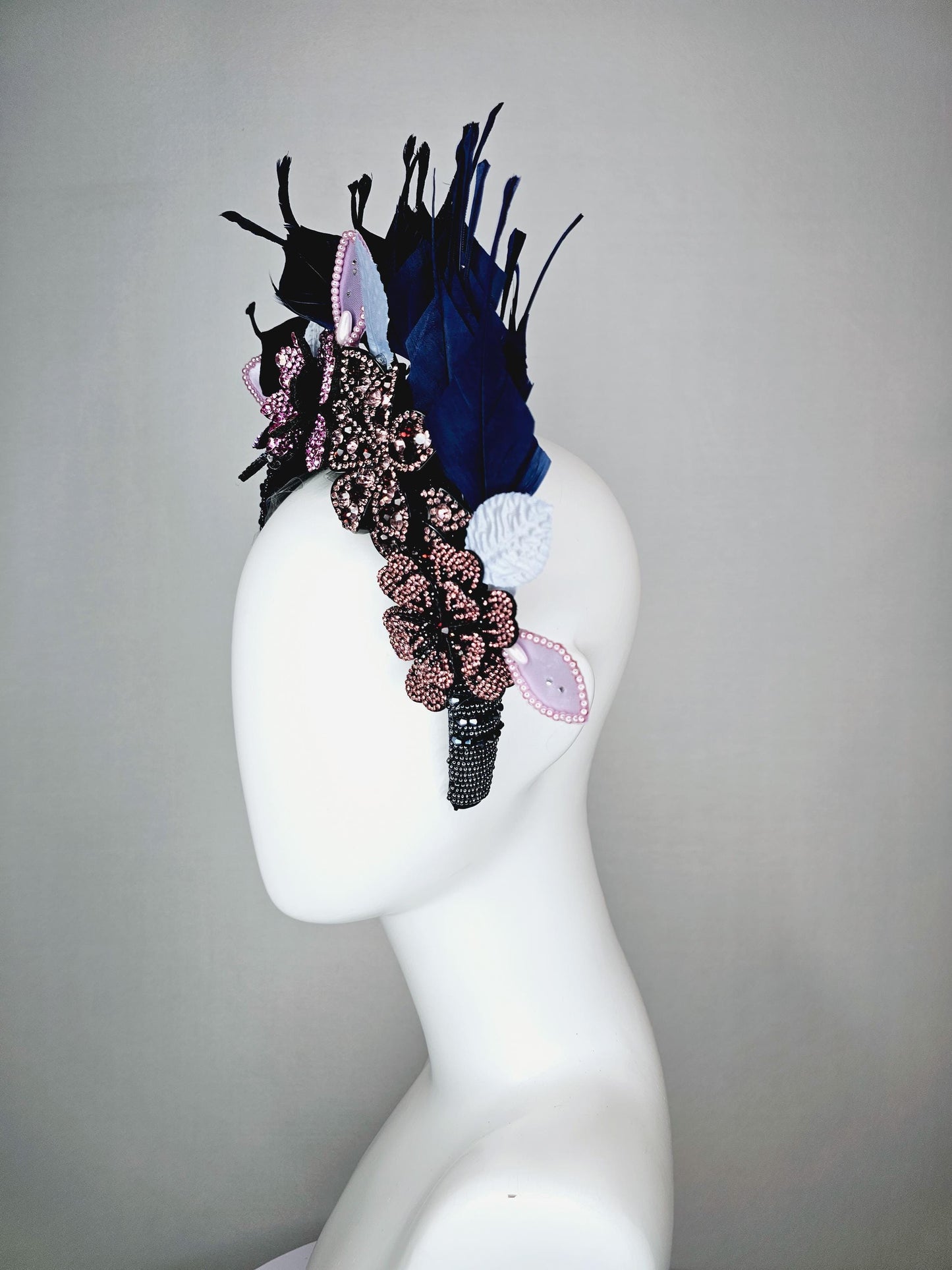 kentucky derby hat fascinator navy blue swarovski crystal headband pink beige blue purple black crystal flowers navy blue feathers leaves