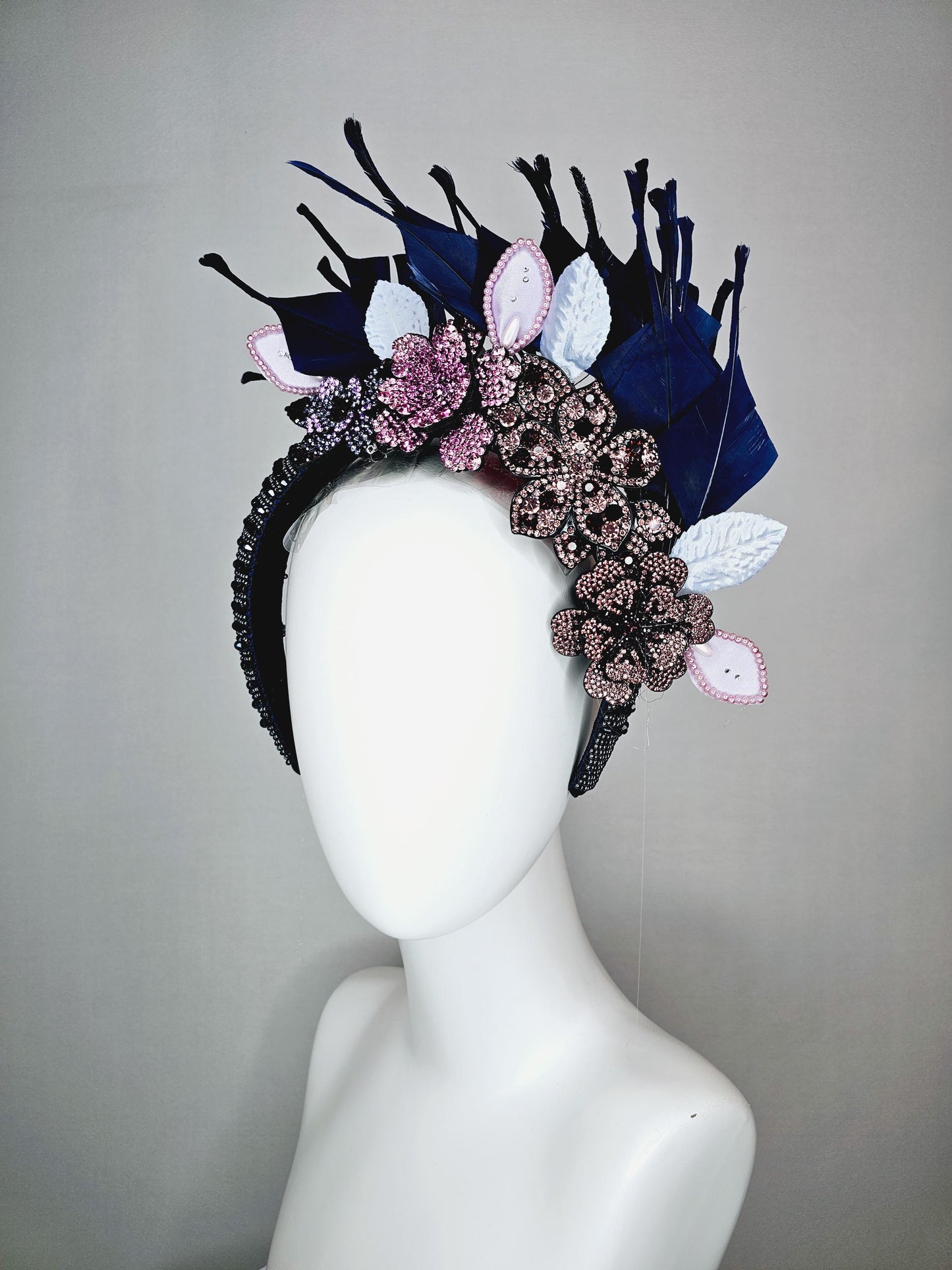 kentucky derby hat fascinator navy blue swarovski crystal headband pink beige blue purple black crystal flowers navy blue feathers leaves