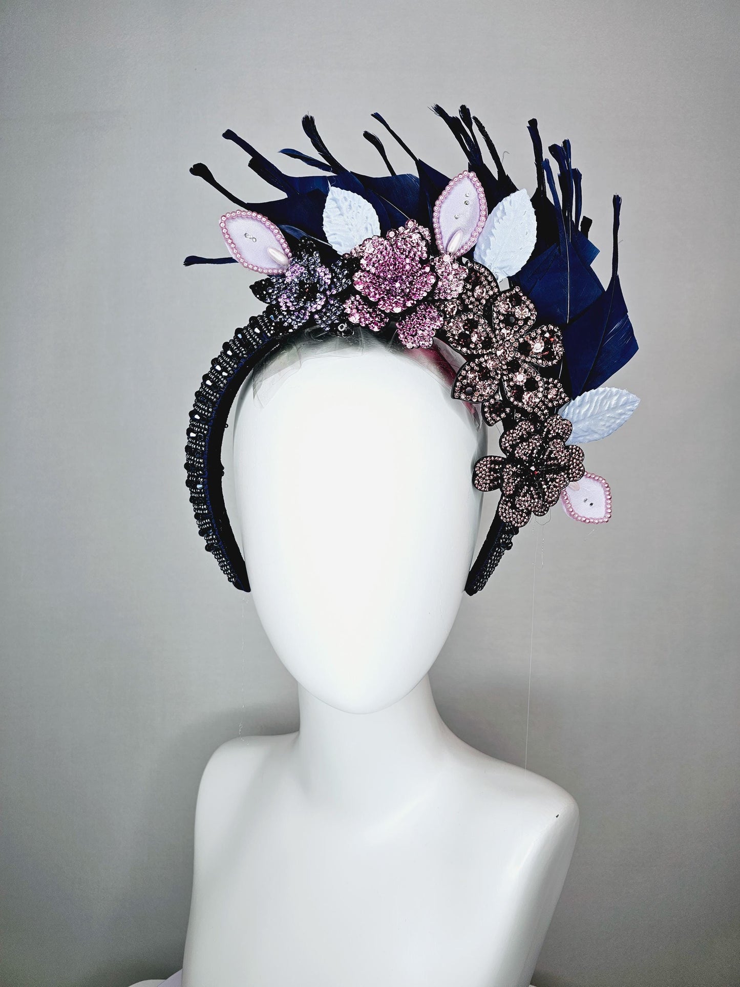 kentucky derby hat fascinator navy blue swarovski crystal headband pink beige blue purple black crystal flowers navy blue feathers leaves