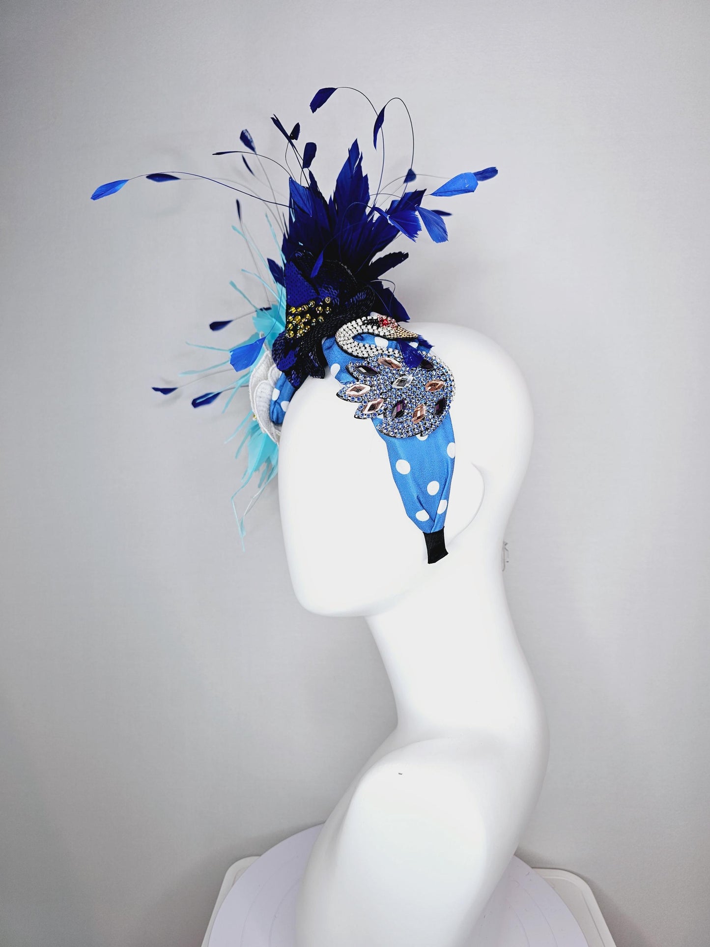 kentucky derby hat fascinator blue and white polka dot headband with crystal swan sequin cobalt blue white beaded flowers aqua blue feathers