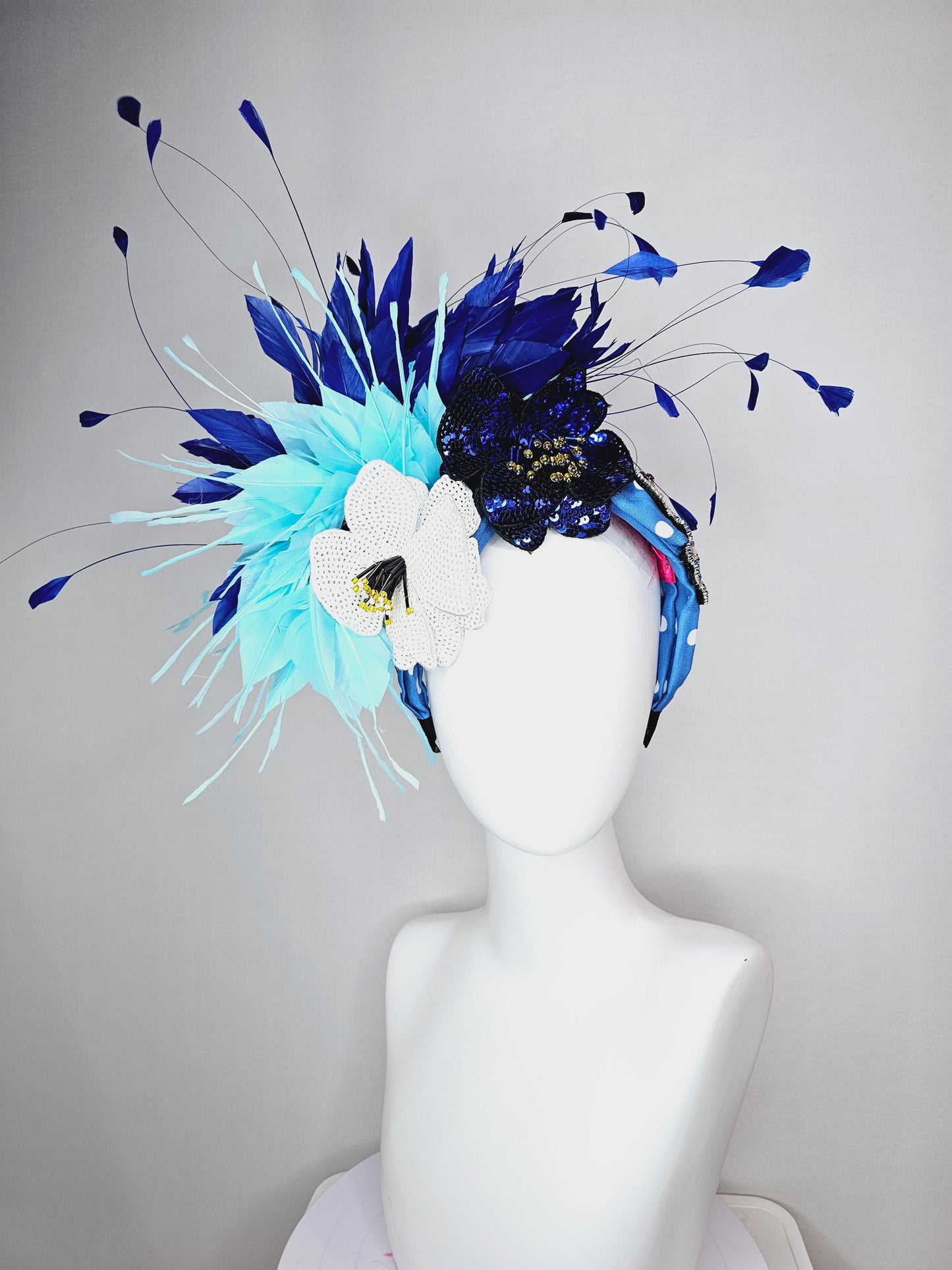 kentucky derby hat fascinator blue and white polka dot headband with crystal swan sequin cobalt blue white beaded flowers aqua blue feathers