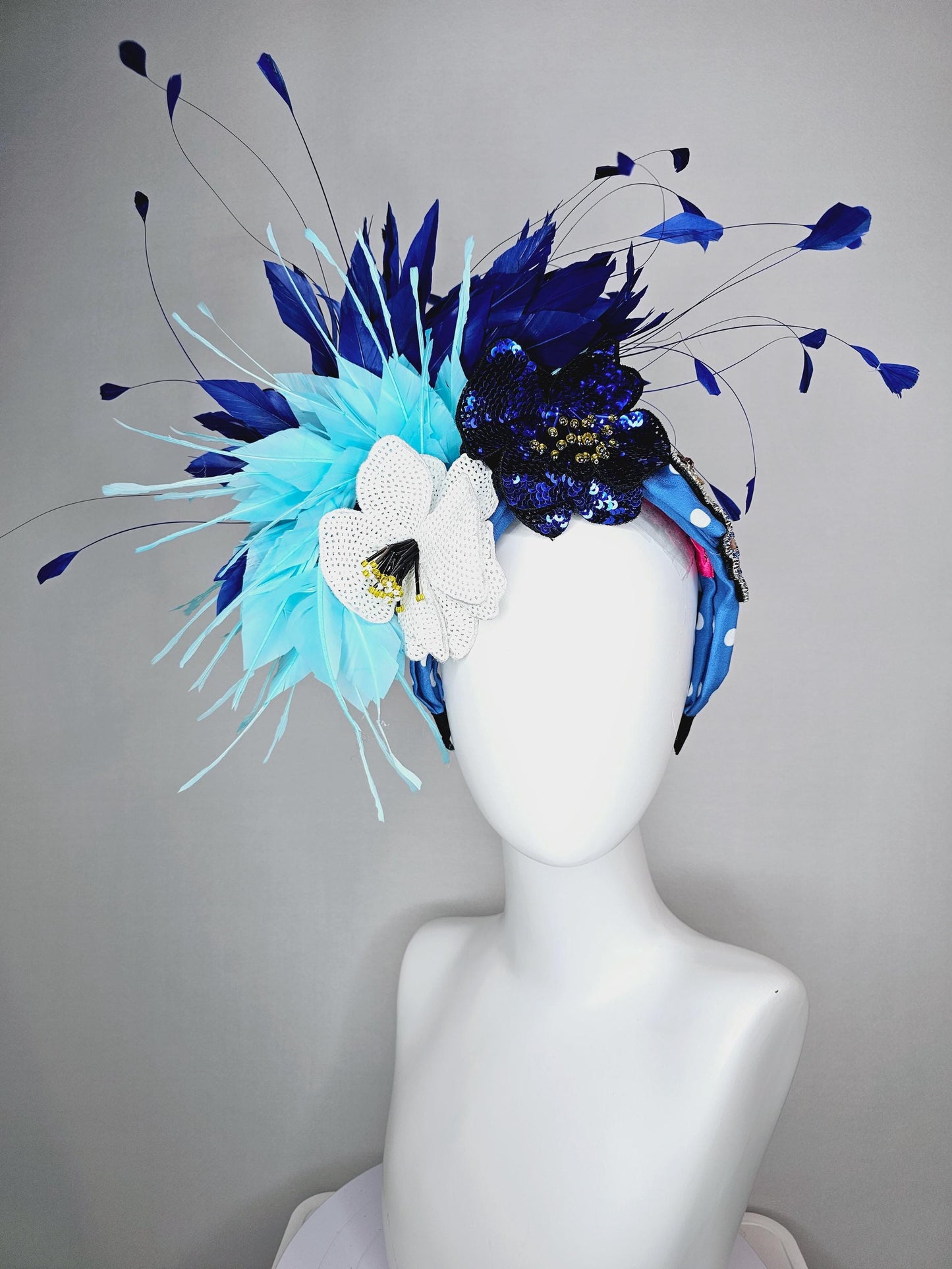 kentucky derby hat fascinator blue and white polka dot headband with crystal swan sequin cobalt blue white beaded flowers aqua blue feathers