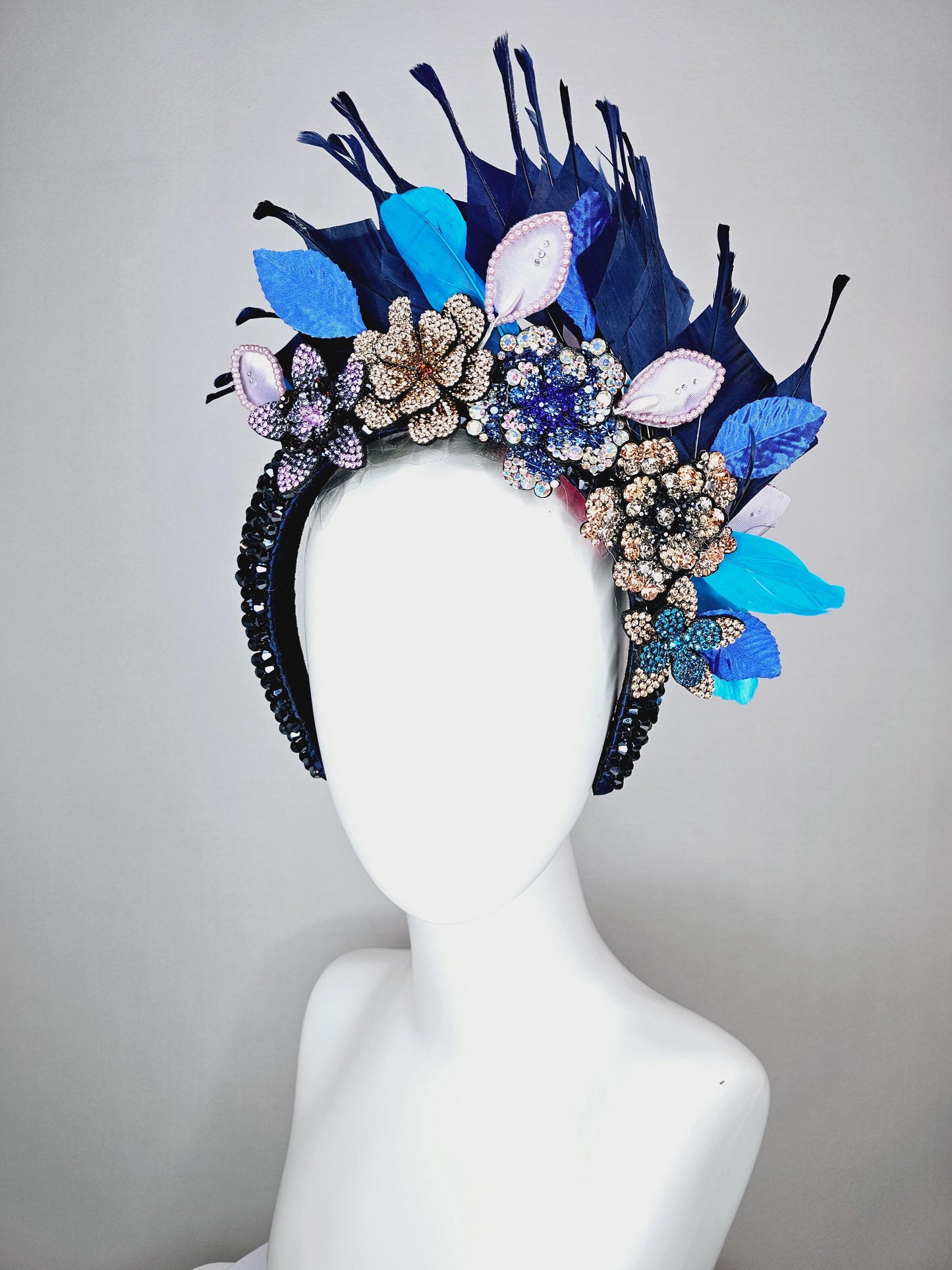kentucky derby hat fascinator navy blue swarovski crystal headband purple gold blue crystal flowers navy blue feathers white blue leaves