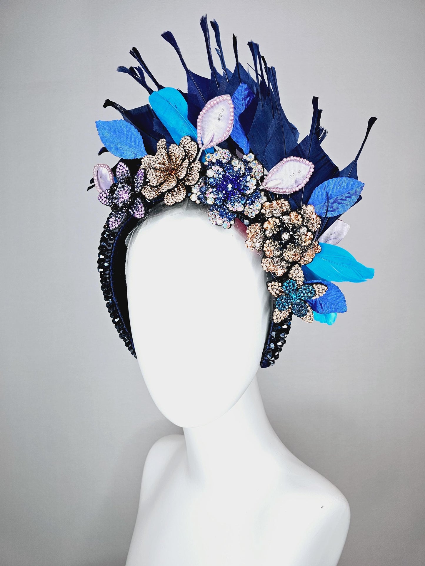 kentucky derby hat fascinator navy blue swarovski crystal headband purple gold blue crystal flowers navy blue feathers white blue leaves