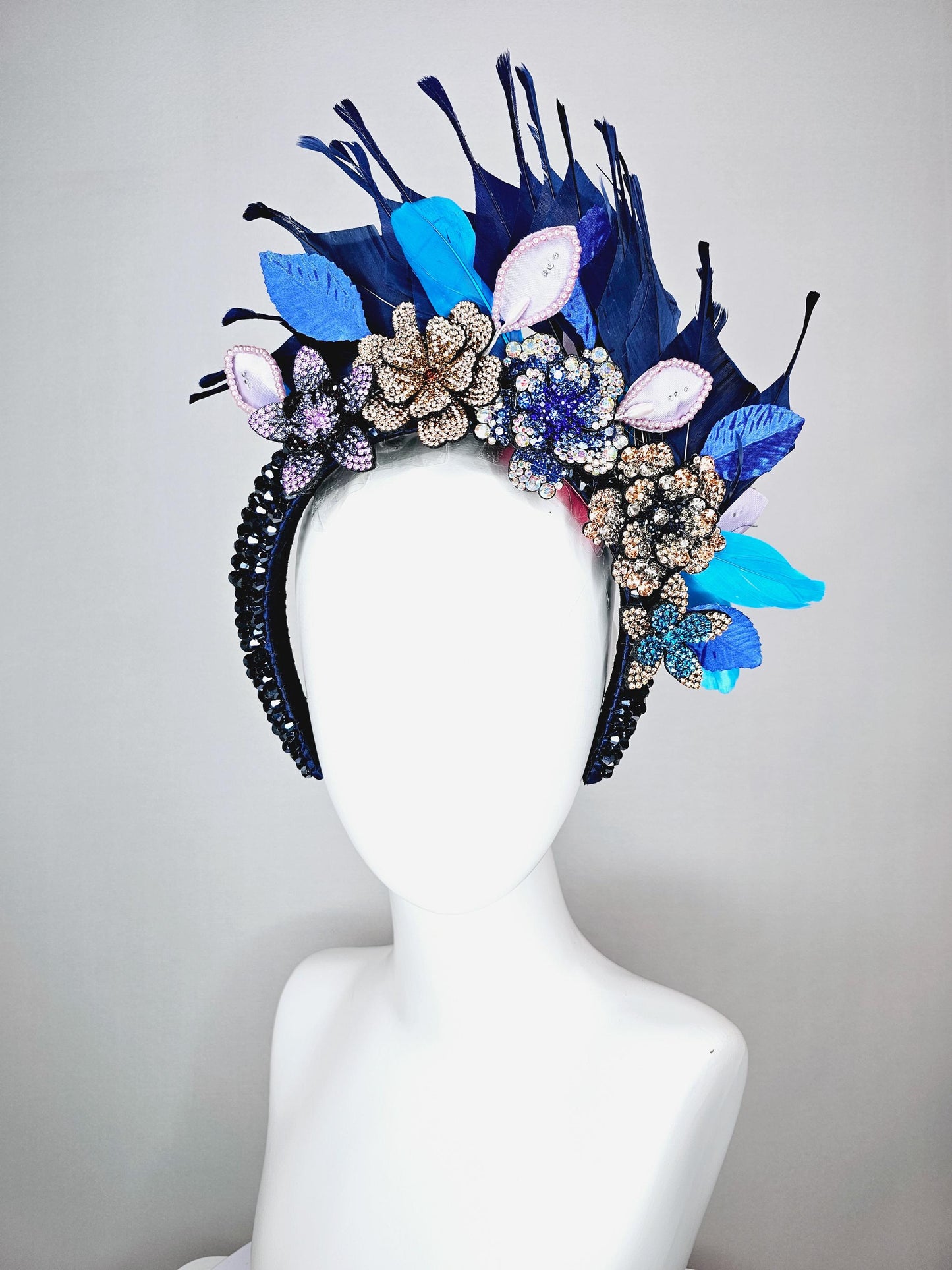 kentucky derby hat fascinator navy blue swarovski crystal headband purple gold blue crystal flowers navy blue feathers white blue leaves