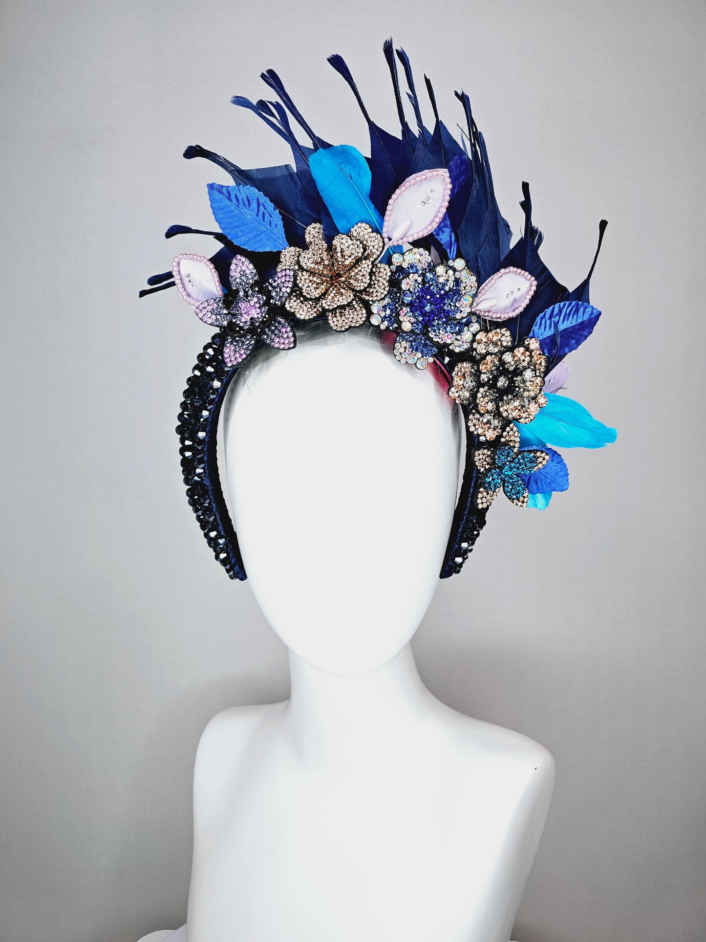 kentucky derby hat fascinator navy blue swarovski crystal headband purple gold blue crystal flowers navy blue feathers white blue leaves