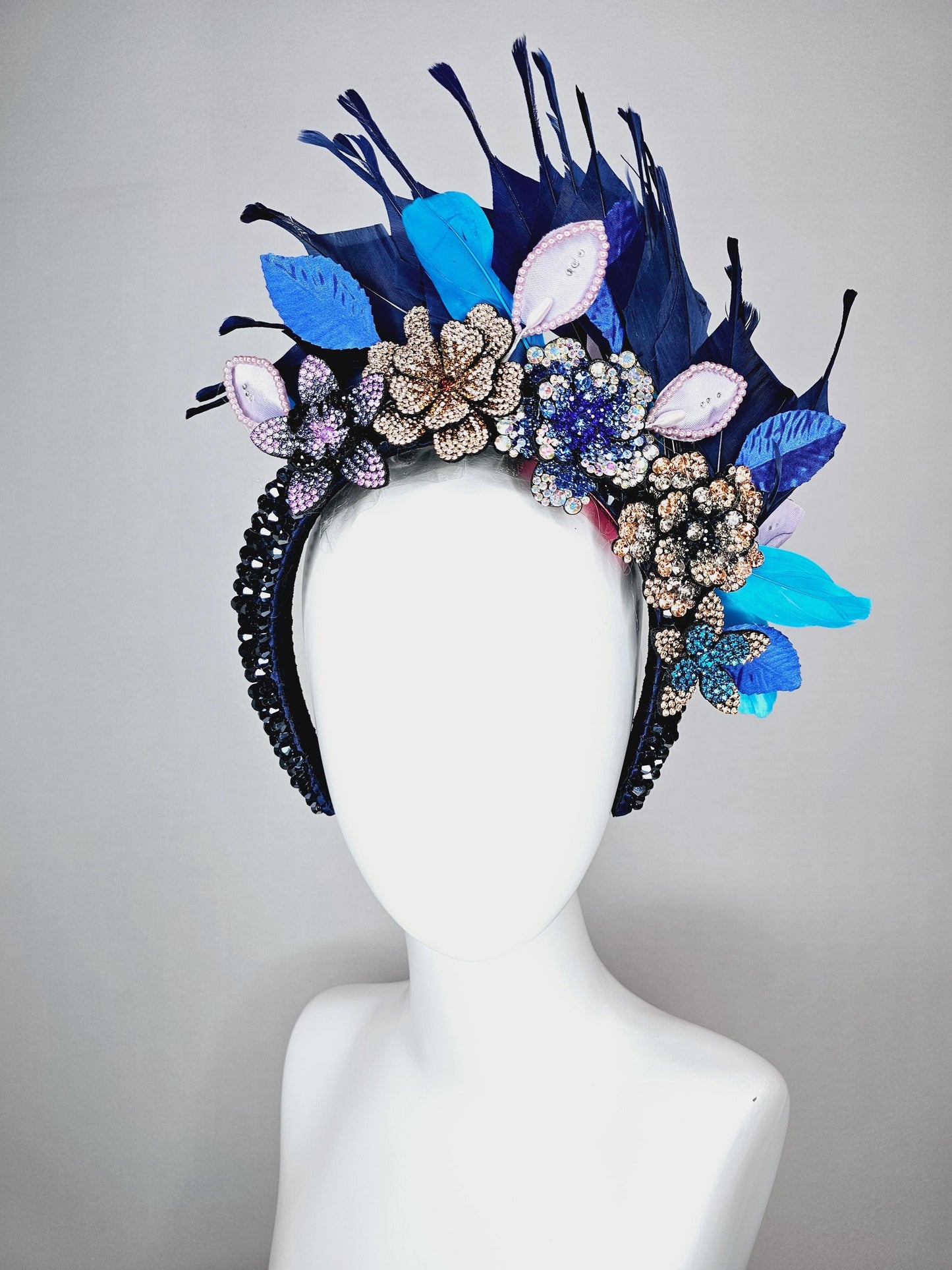 kentucky derby hat fascinator navy blue swarovski crystal headband purple gold blue crystal flowers navy blue feathers white blue leaves