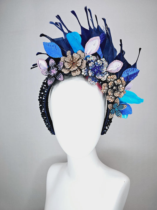 kentucky derby hat fascinator navy blue swarovski crystal headband purple gold blue crystal flowers navy blue feathers white blue leaves