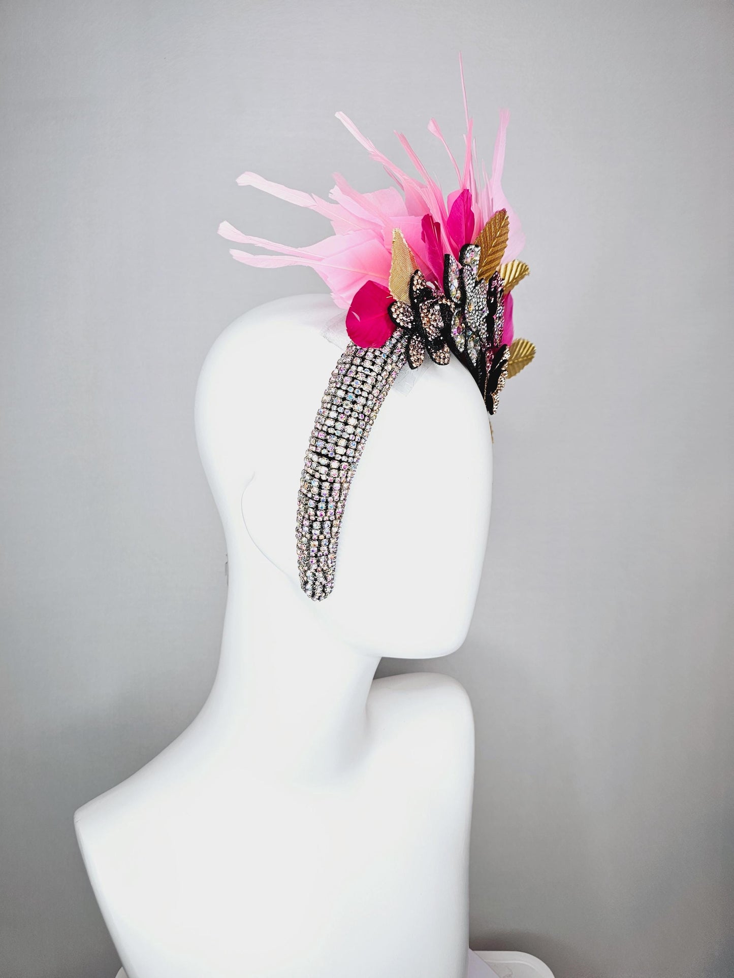 kentucky derby hat fascinator iridescent swarovski crystal headband black gold yellow pink crystal flowers light pink feathers gold leaves