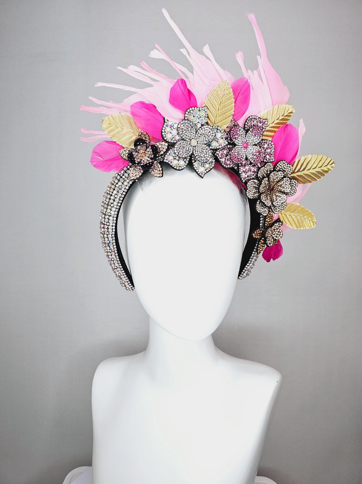 kentucky derby hat fascinator iridescent swarovski crystal headband black gold yellow pink crystal flowers light pink feathers gold leaves