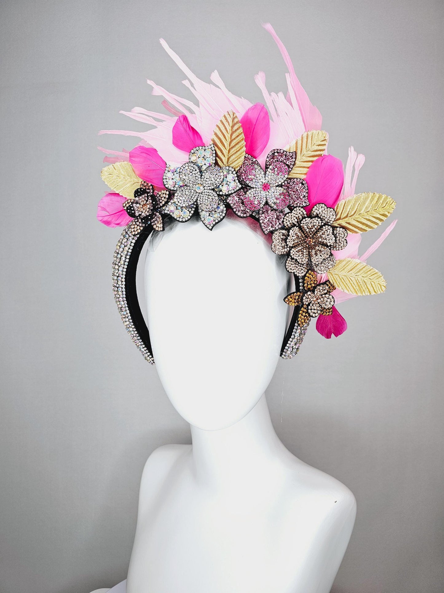 kentucky derby hat fascinator iridescent swarovski crystal headband black gold yellow pink crystal flowers light pink feathers gold leaves