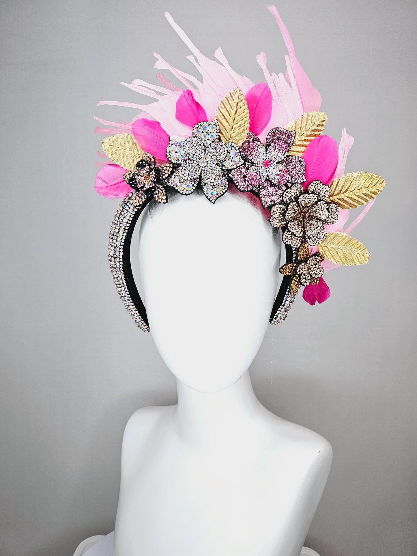 kentucky derby hat fascinator iridescent swarovski crystal headband black gold yellow pink crystal flowers light pink feathers gold leaves