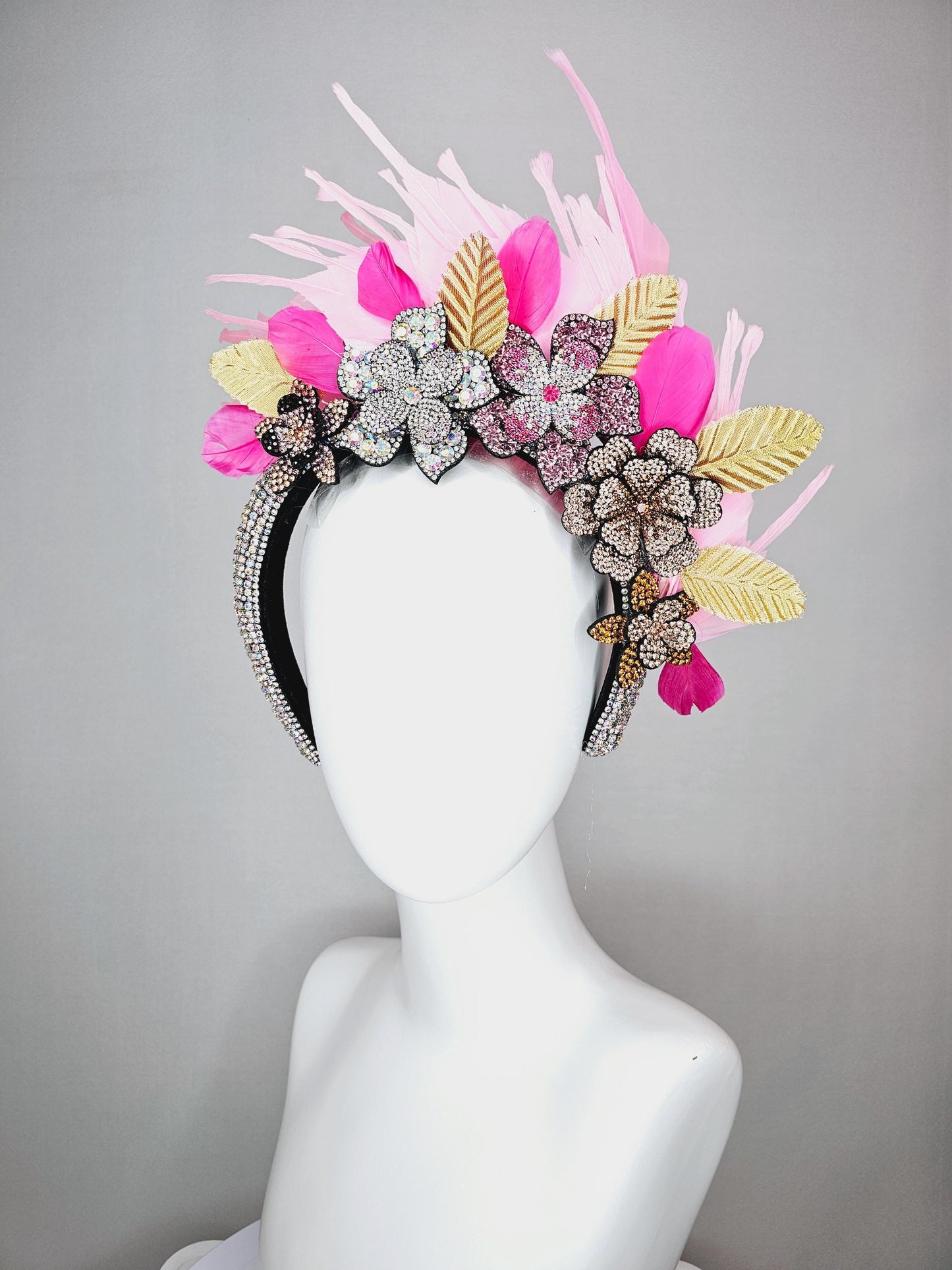kentucky derby hat fascinator iridescent swarovski crystal headband black gold yellow pink crystal flowers light pink feathers gold leaves