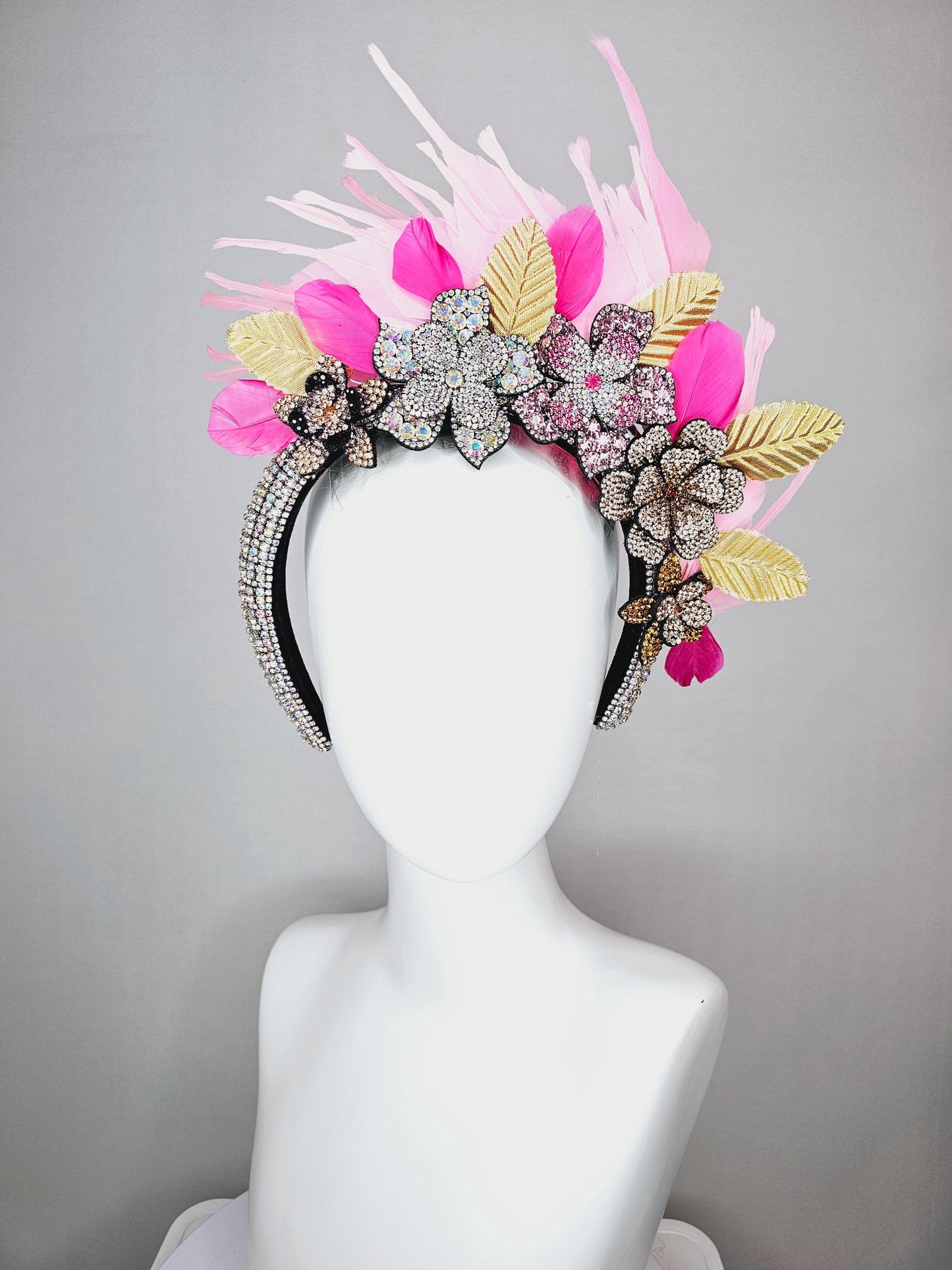 kentucky derby hat fascinator iridescent swarovski crystal headband black gold yellow pink crystal flowers light pink feathers gold leaves