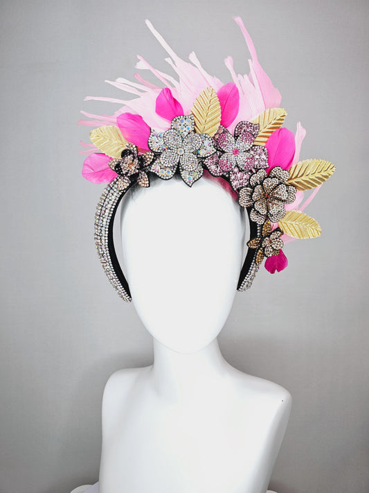 kentucky derby hat fascinator iridescent swarovski crystal headband black gold yellow pink crystal flowers light pink feathers gold leaves