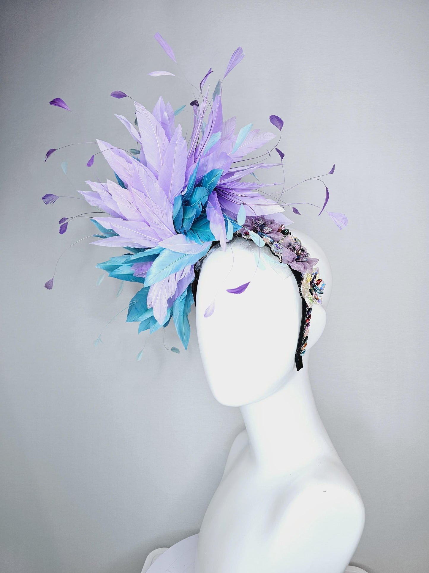 kentucky derby hat fascinator colorful swarovski crystal headband red pink purple green blue crystal flower lavender purple blue feathers
