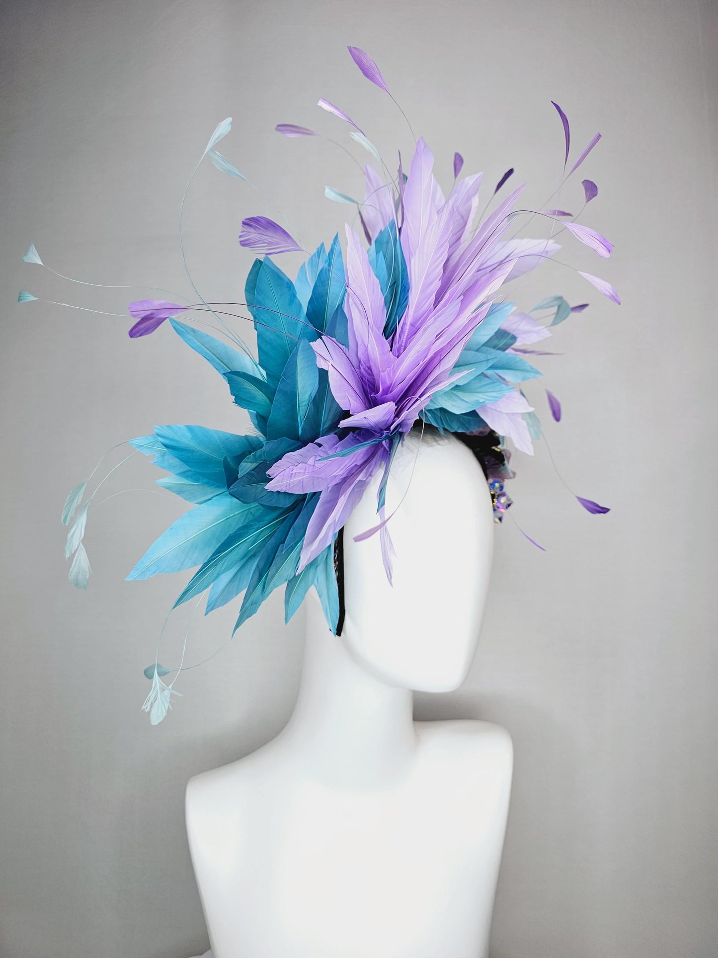 kentucky derby hat fascinator colorful swarovski crystal headband red pink purple green blue crystal flower lavender purple blue feathers