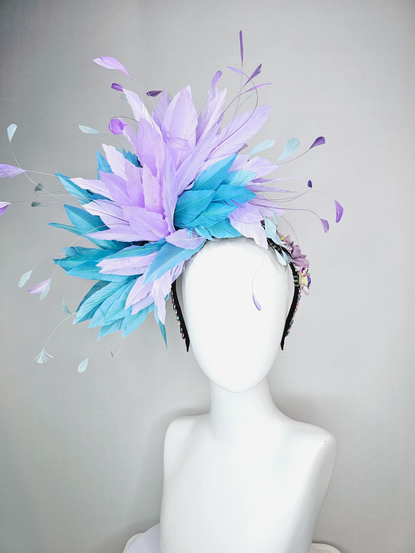 kentucky derby hat fascinator colorful swarovski crystal headband red pink purple green blue crystal flower lavender purple blue feathers