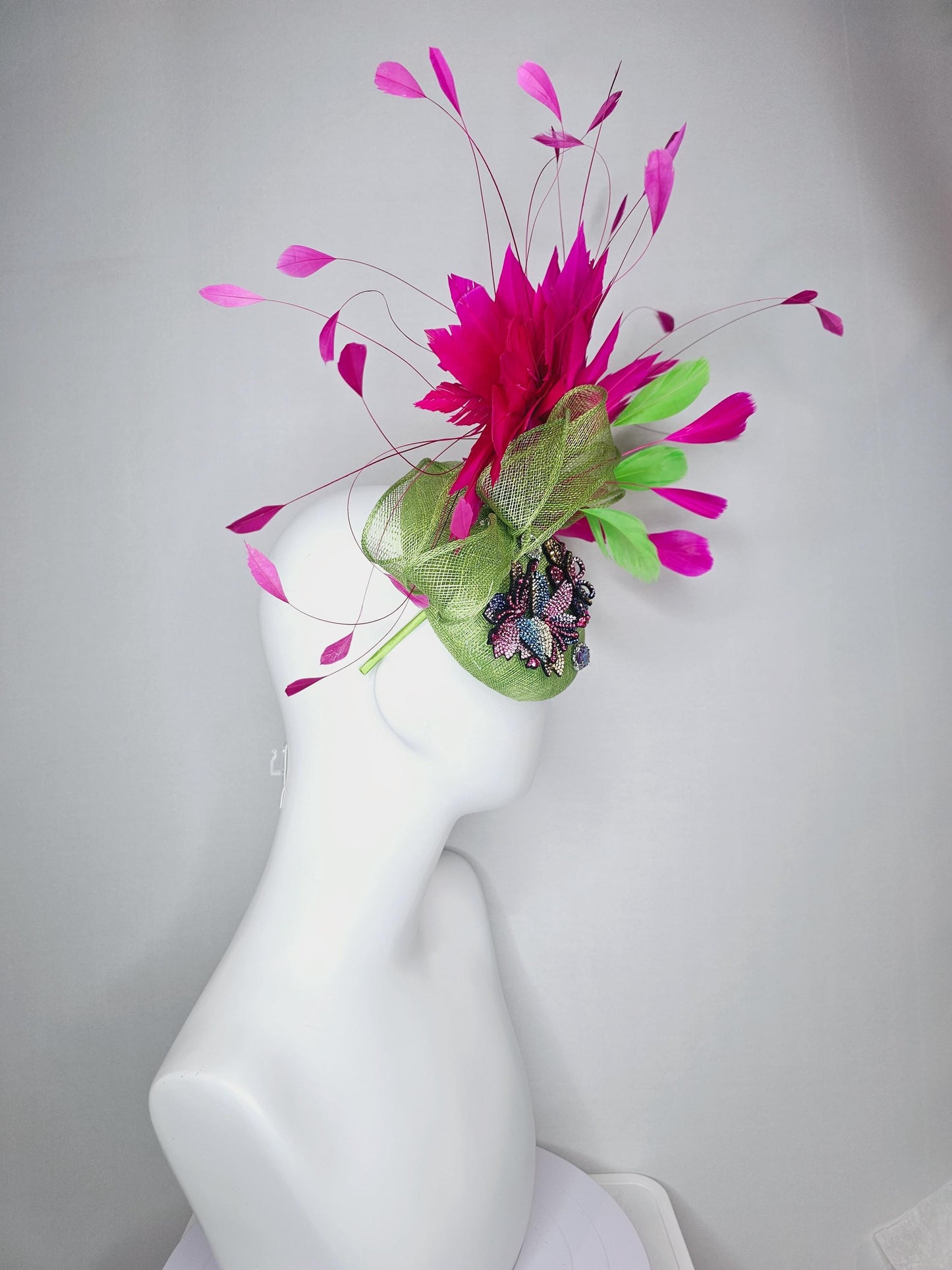 kentucky derby hat fascinator lime green sinamay with bow colorful pink blue yellow purple swarovski crystal flowers fuchsia pink feathers