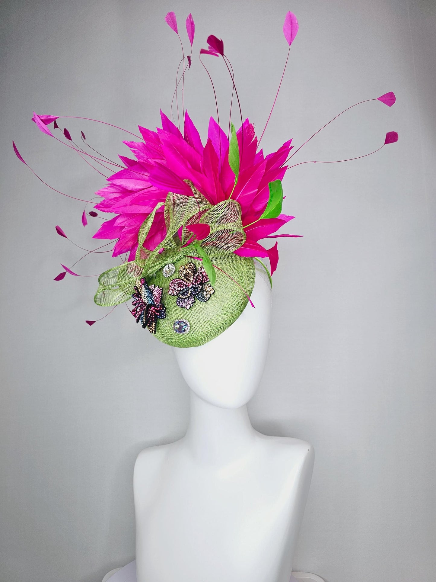 kentucky derby hat fascinator lime green sinamay with bow colorful pink blue yellow purple swarovski crystal flowers fuchsia pink feathers