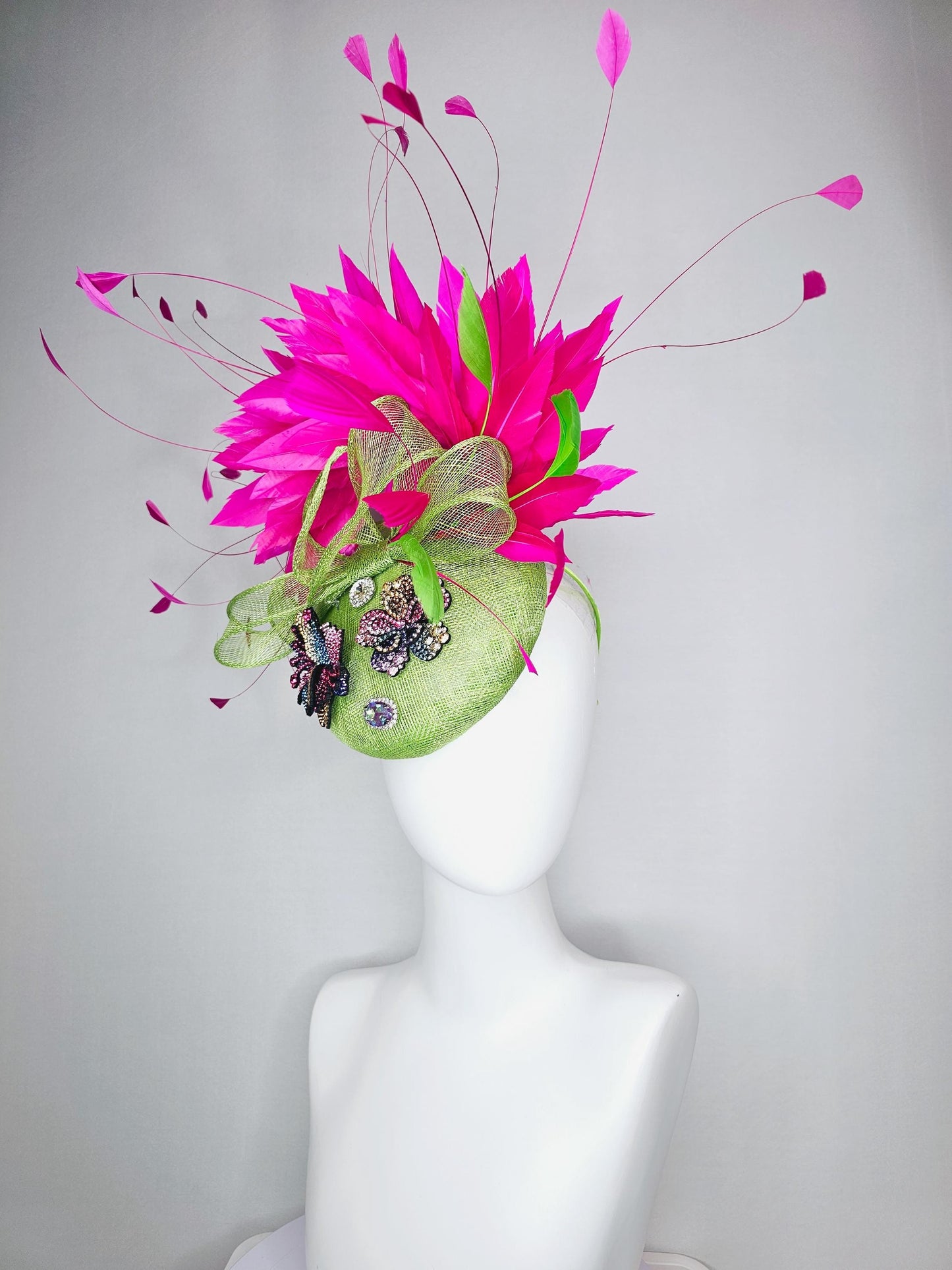 kentucky derby hat fascinator lime green sinamay with bow colorful pink blue yellow purple swarovski crystal flowers fuchsia pink feathers