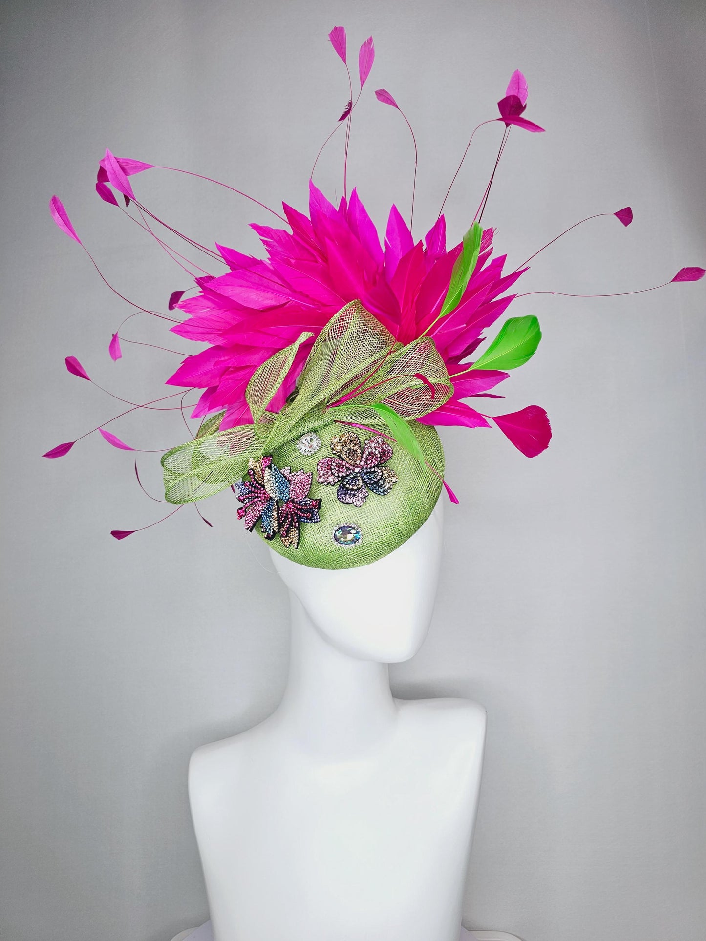 kentucky derby hat fascinator lime green sinamay with bow colorful pink blue yellow purple swarovski crystal flowers fuchsia pink feathers