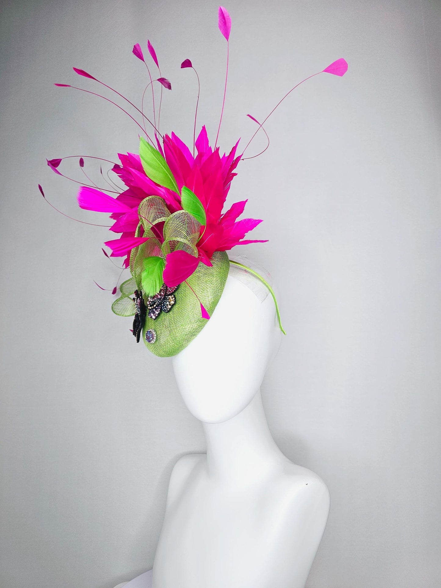 kentucky derby hat fascinator lime green sinamay with bow colorful pink blue yellow purple swarovski crystal flowers fuchsia pink feathers