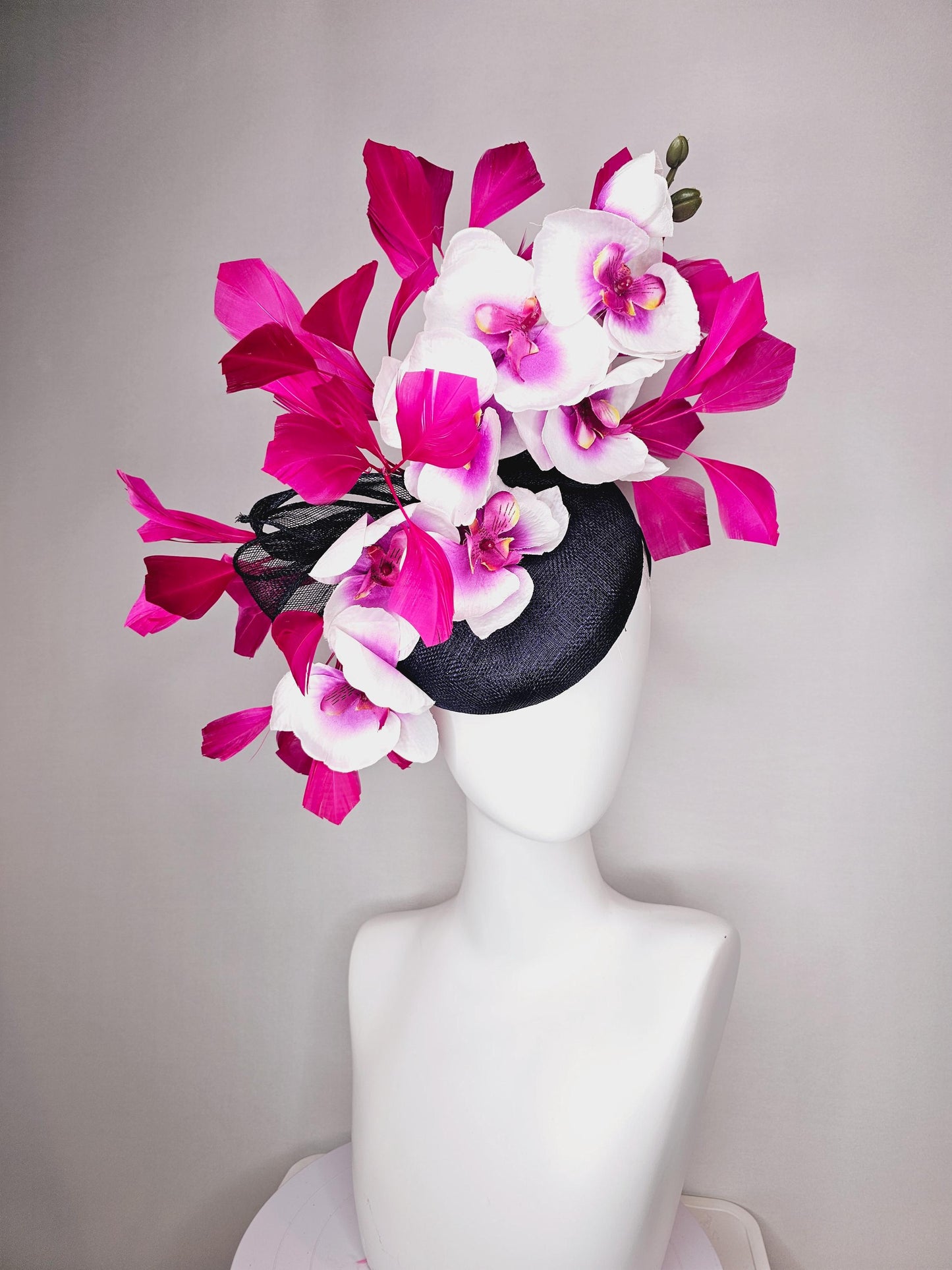 kentucky derby hat fascinator navy blue sinamay with bow and white and pink satin orchid flowers with hot pink branching feathers