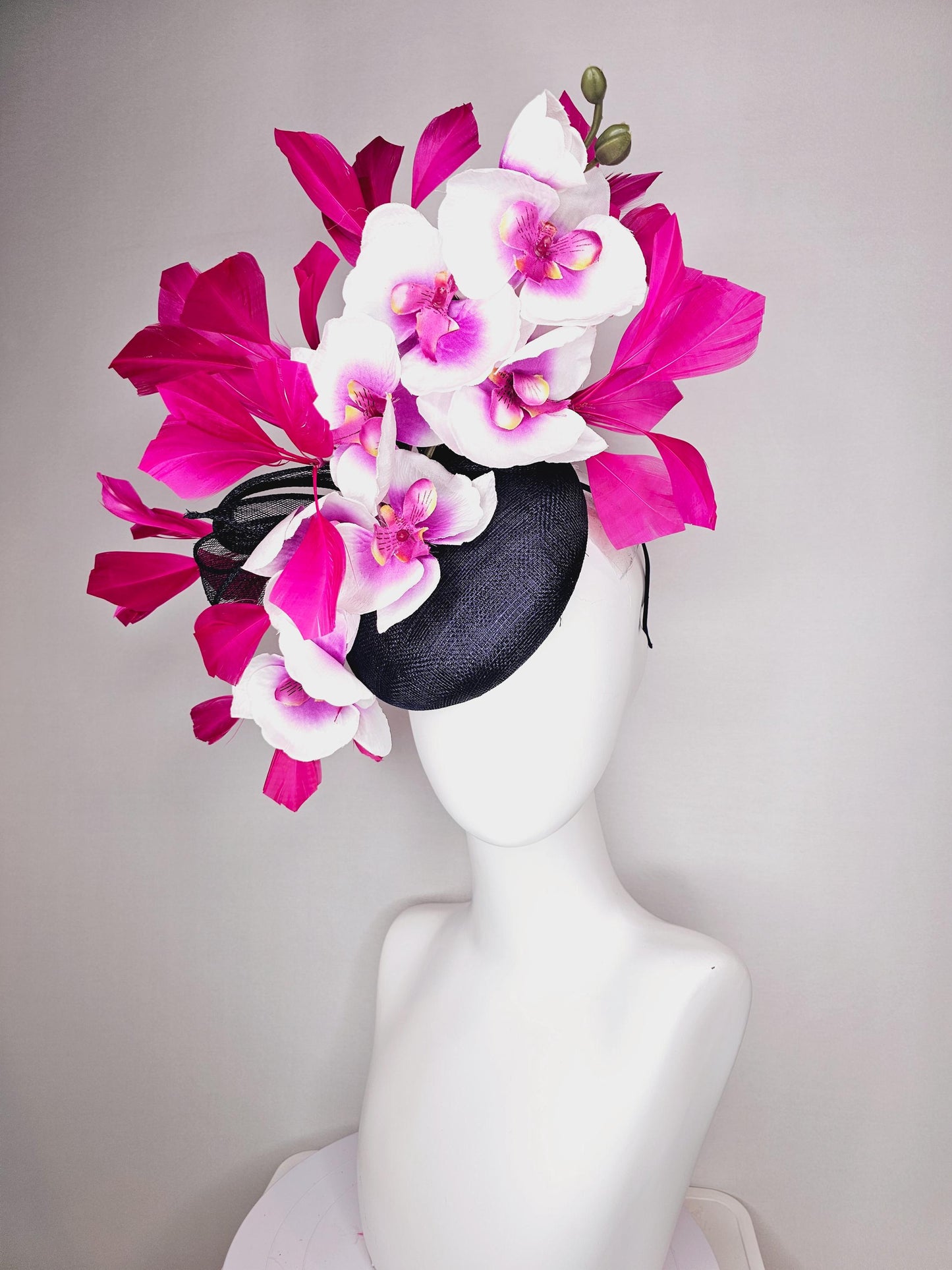 kentucky derby hat fascinator navy blue sinamay with bow and white and pink satin orchid flowers with hot pink branching feathers