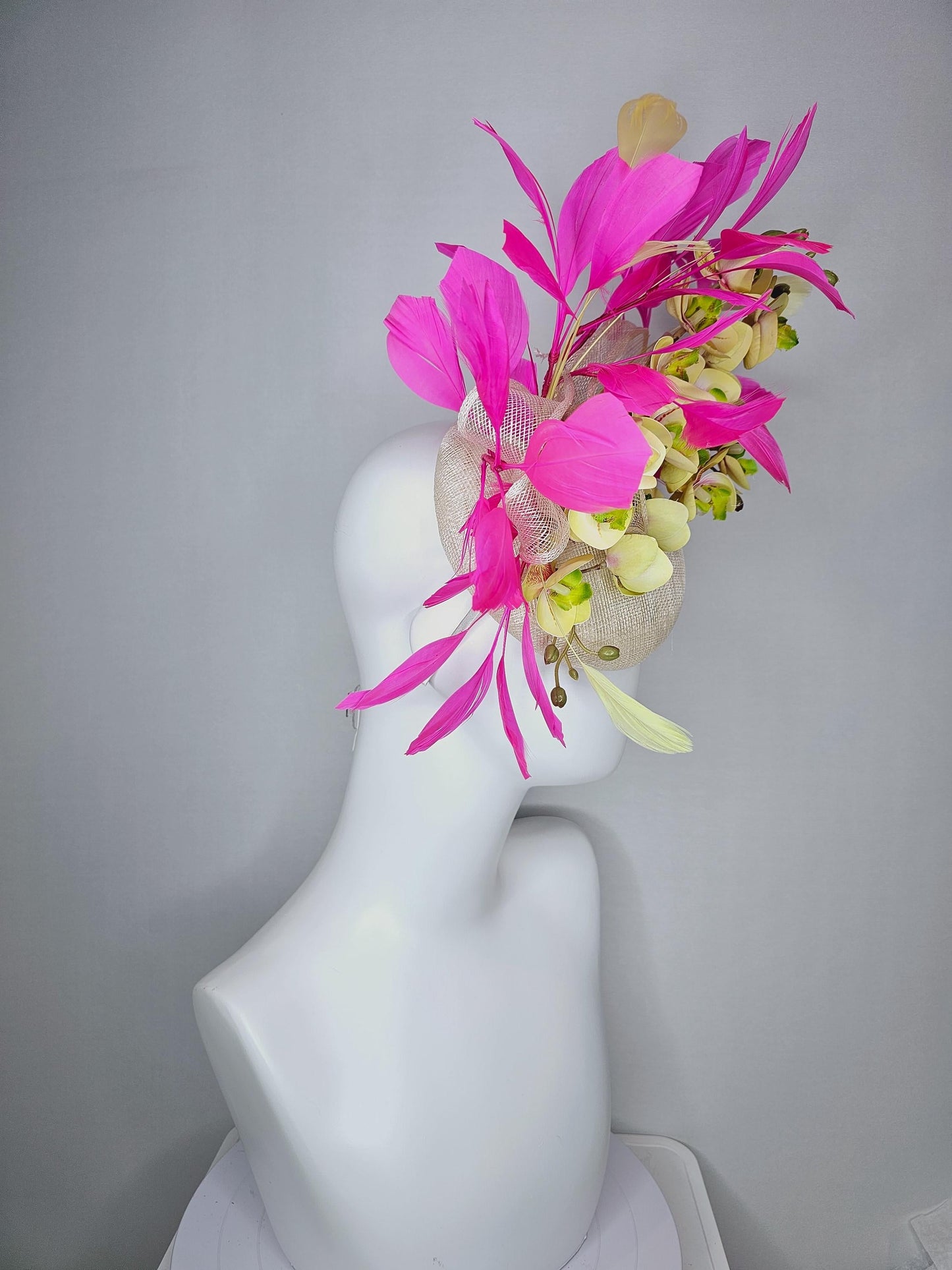 kentucky derby hat fascinator ivory white sinamay with bow and yellow satin silk orchid flowers with bright fuchsia pink branching feathers