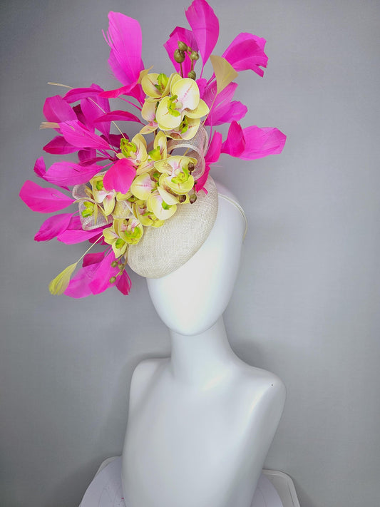 kentucky derby hat fascinator ivory white sinamay with bow and yellow satin silk orchid flowers with bright fuchsia pink branching feathers