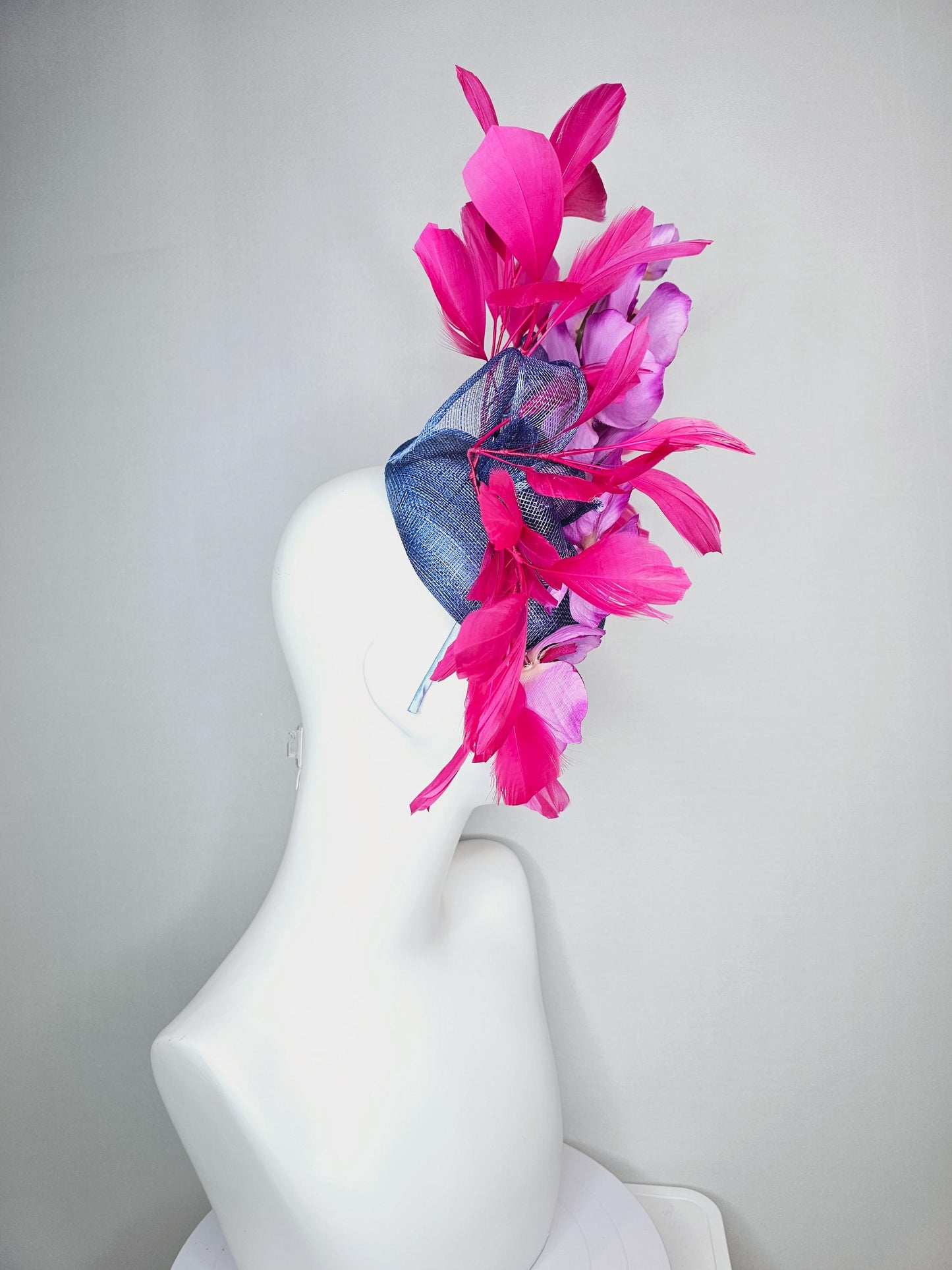 kentucky derby hat fascinator denim blue sinamay with bow lilac purple and pink satin orchid flowers and hot pink branching feathers