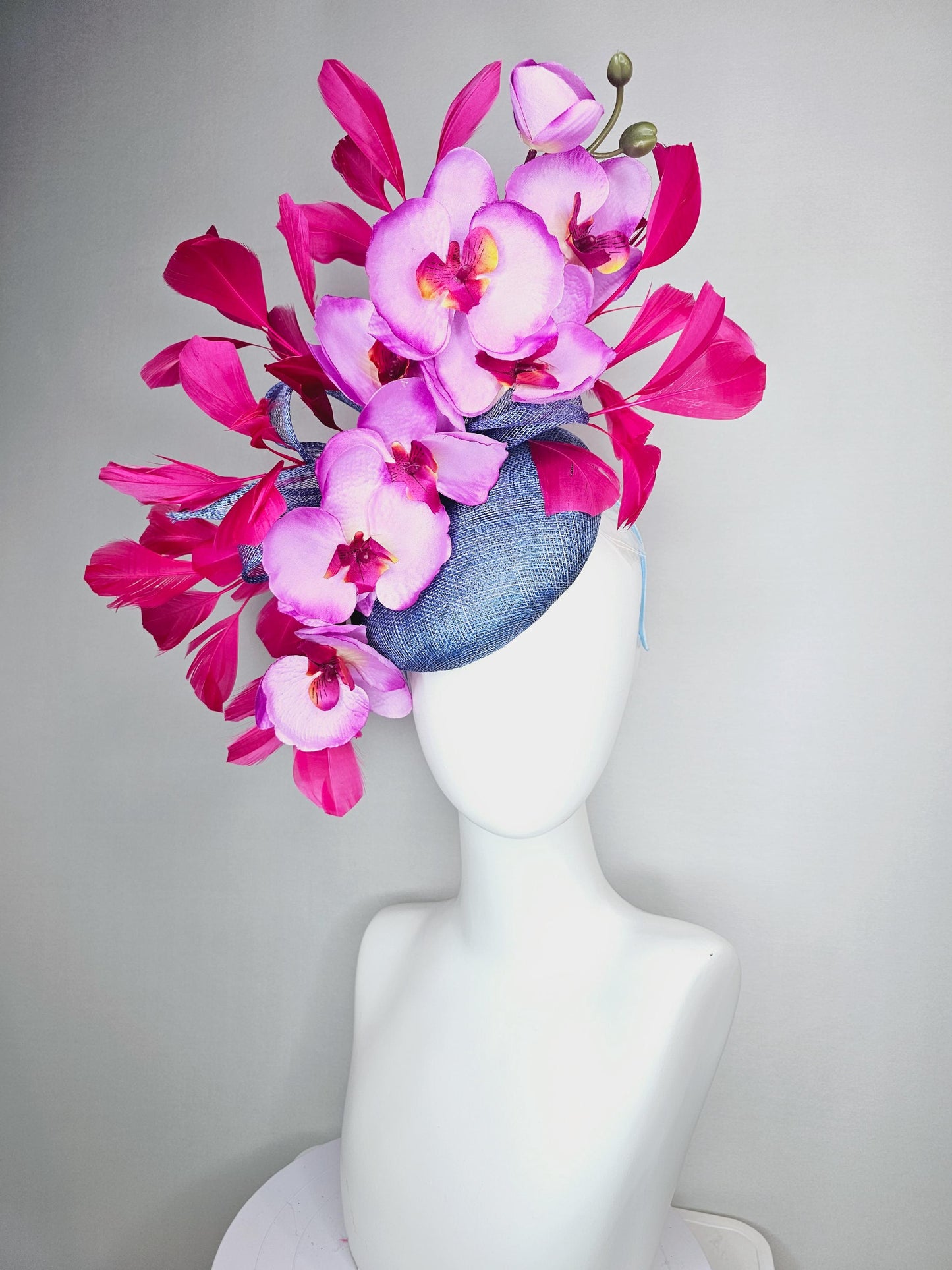 kentucky derby hat fascinator denim blue sinamay with bow lilac purple and pink satin orchid flowers and hot pink branching feathers