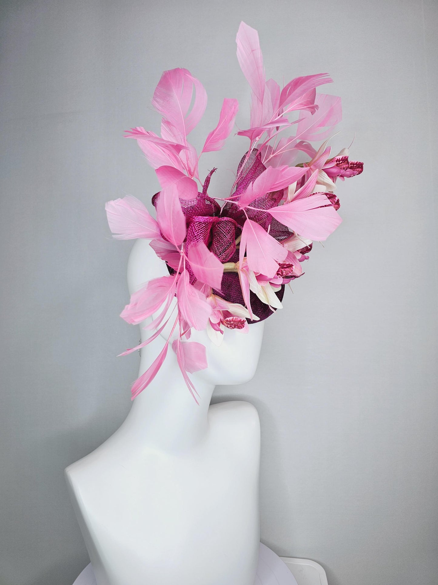 kentucky derby hat fascinator magenta purple sinamay with bow and white and pink satin orchid flowers with blush pink branching feathers