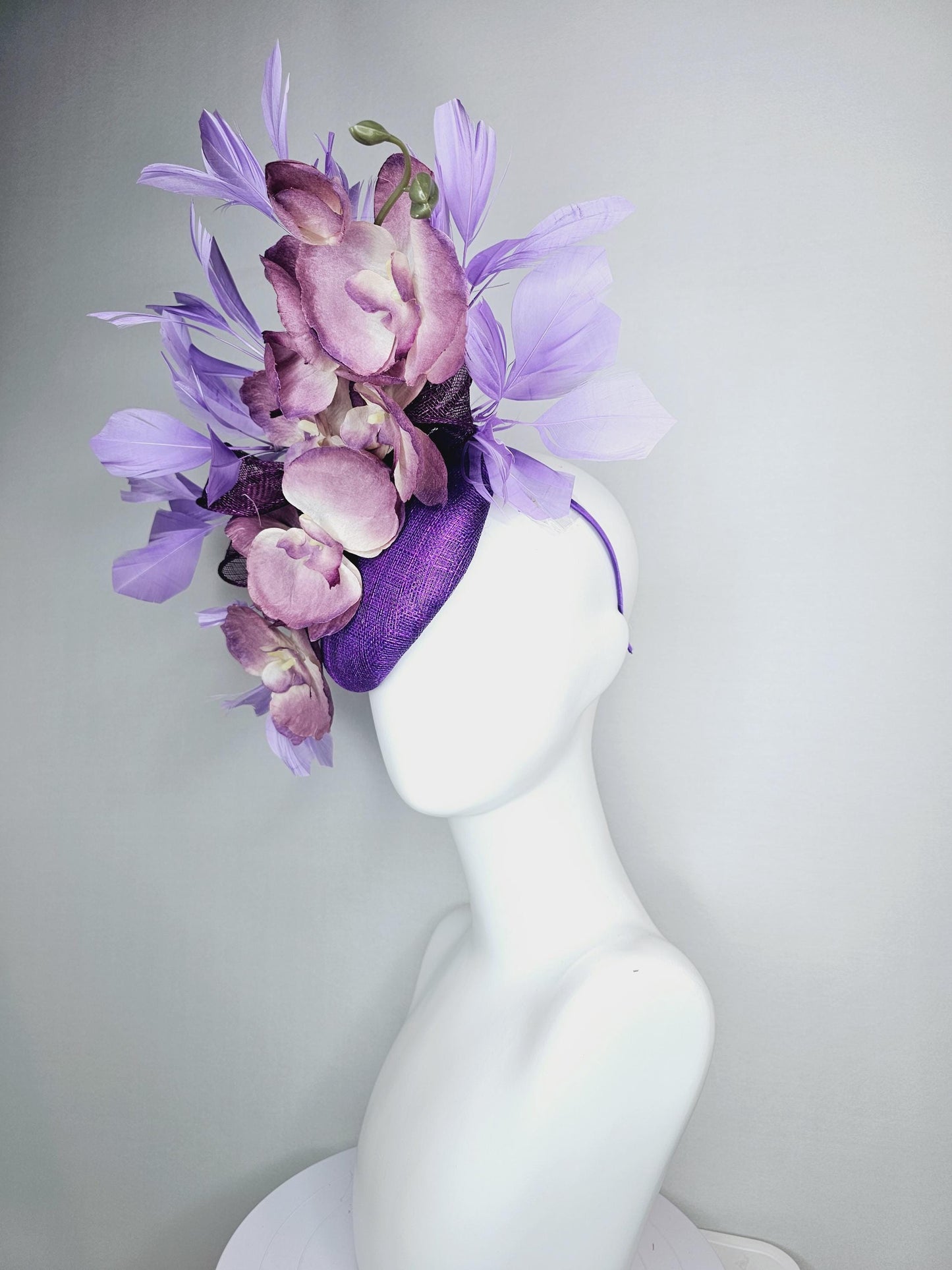 kentucky derby hat fascinator violet purple sinamay with bow and lilac purple satin orchid flowers with lavender purple branching feathers