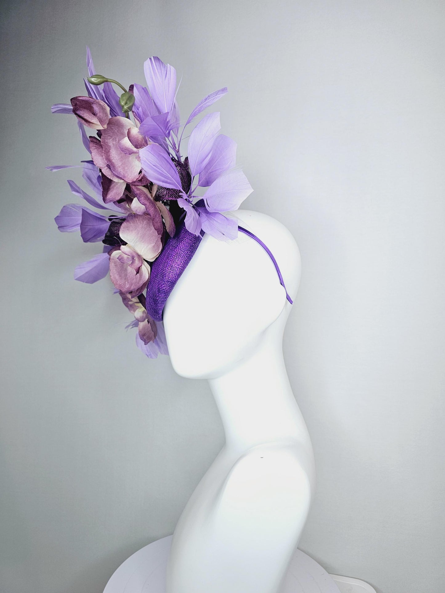 kentucky derby hat fascinator violet purple sinamay with bow and lilac purple satin orchid flowers with lavender purple branching feathers
