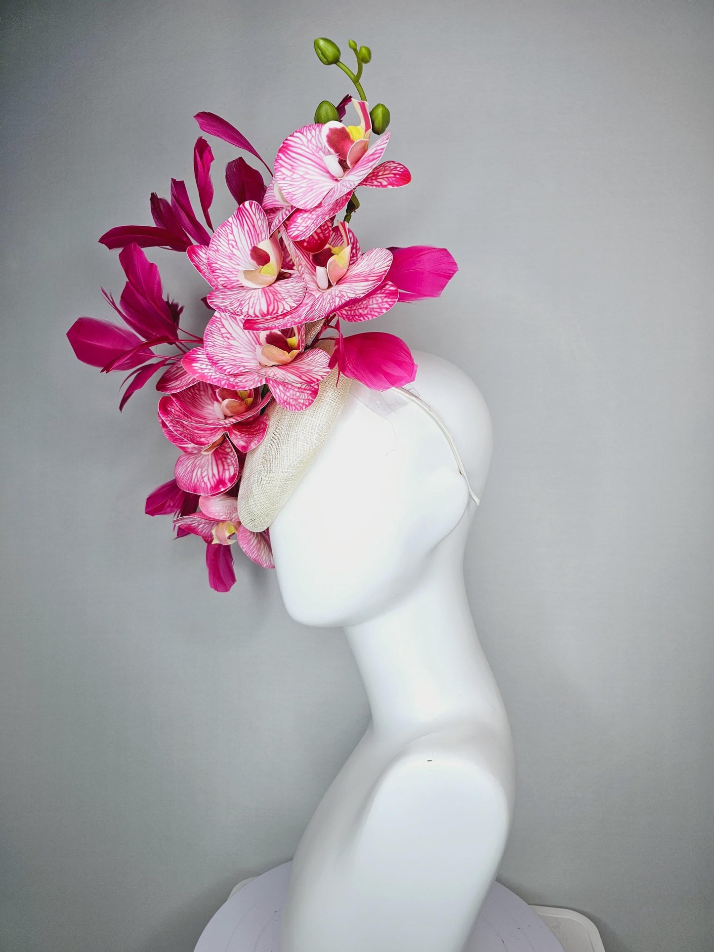 kentucky derby hat fascinator ivory white sinamay with bow and white and pink satin orchid flowers with hot pink branching feathers