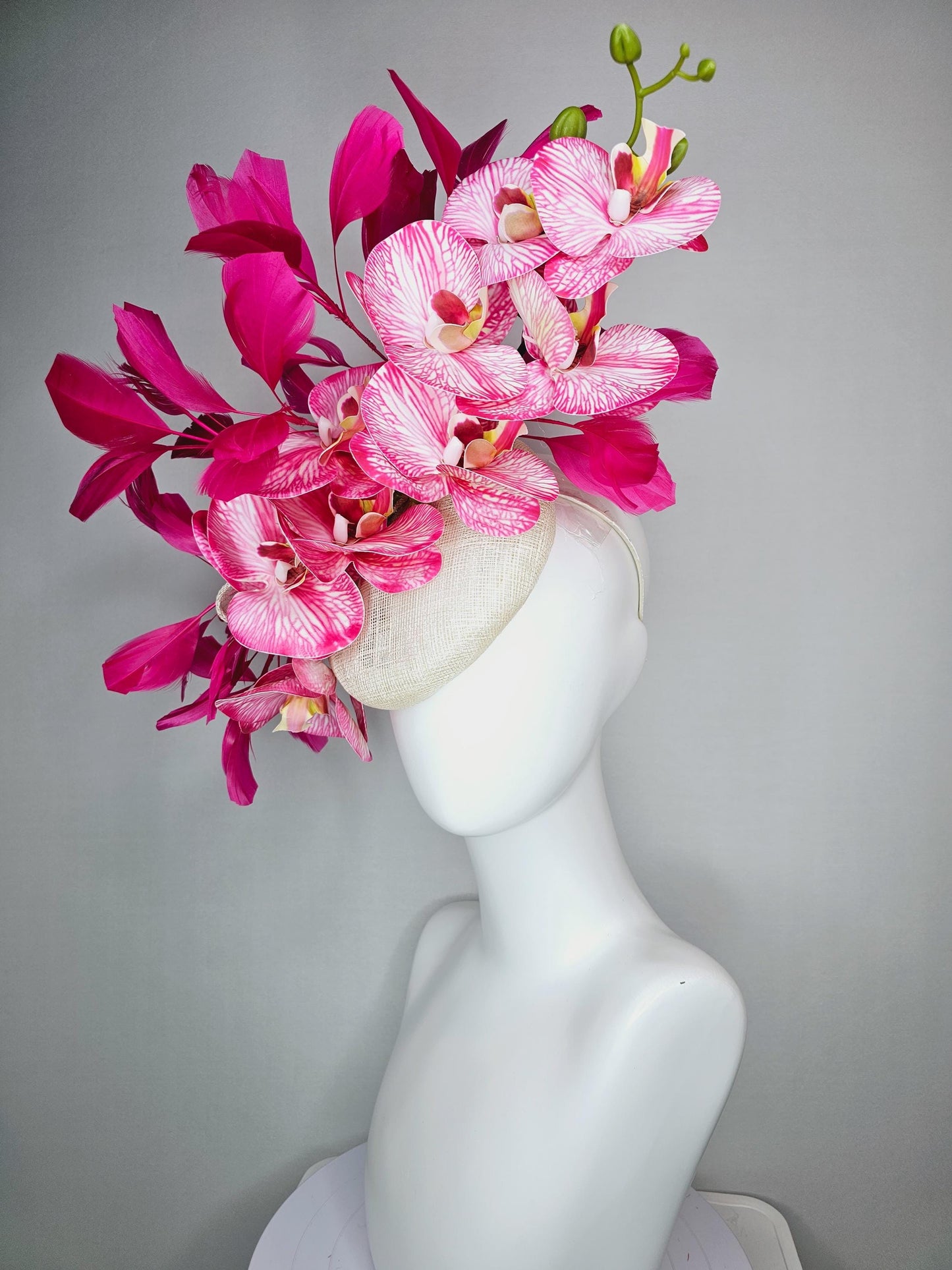 kentucky derby hat fascinator ivory white sinamay with bow and white and pink satin orchid flowers with hot pink branching feathers