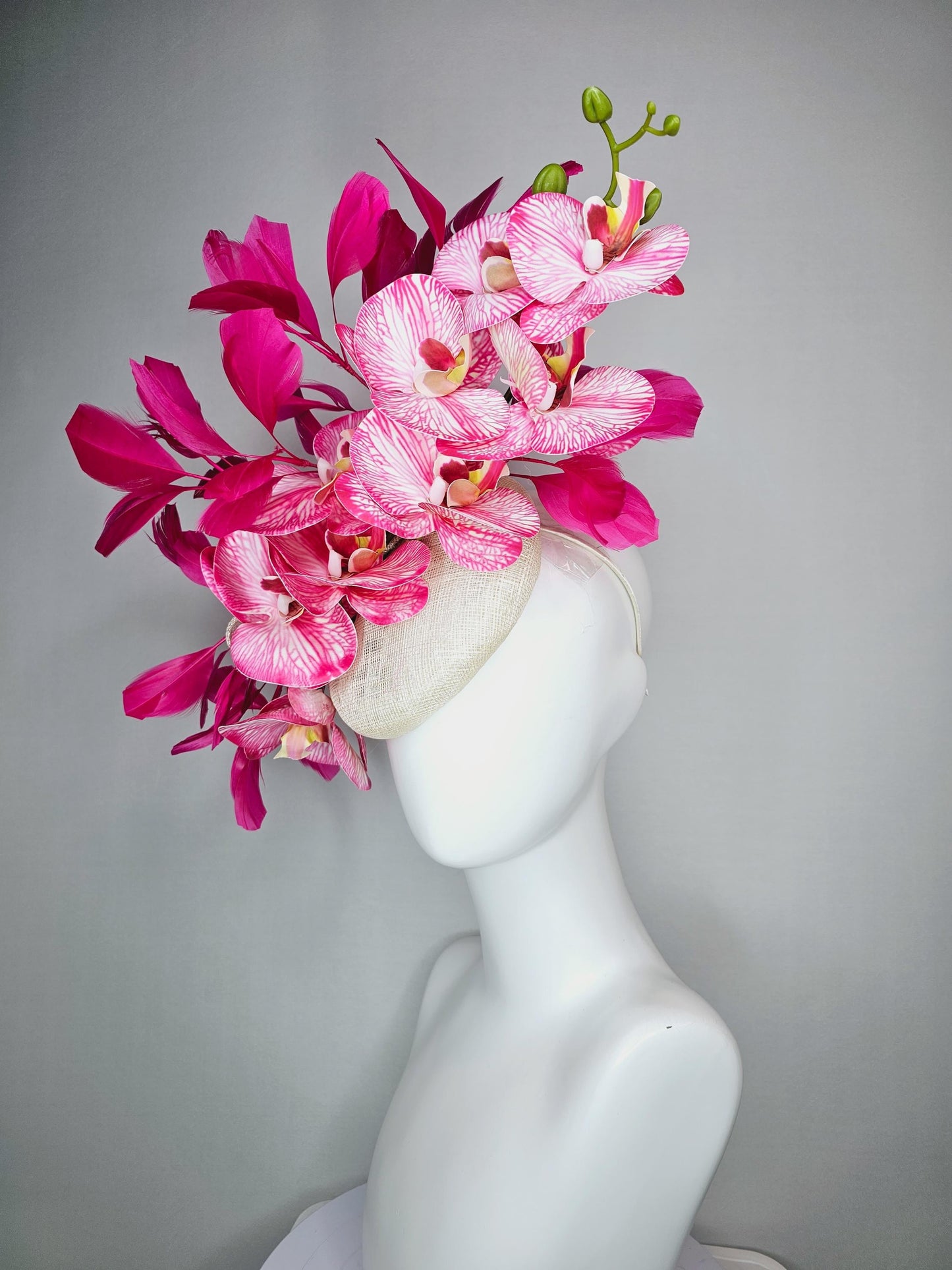 kentucky derby hat fascinator ivory white sinamay with bow and white and pink satin orchid flowers with hot pink branching feathers