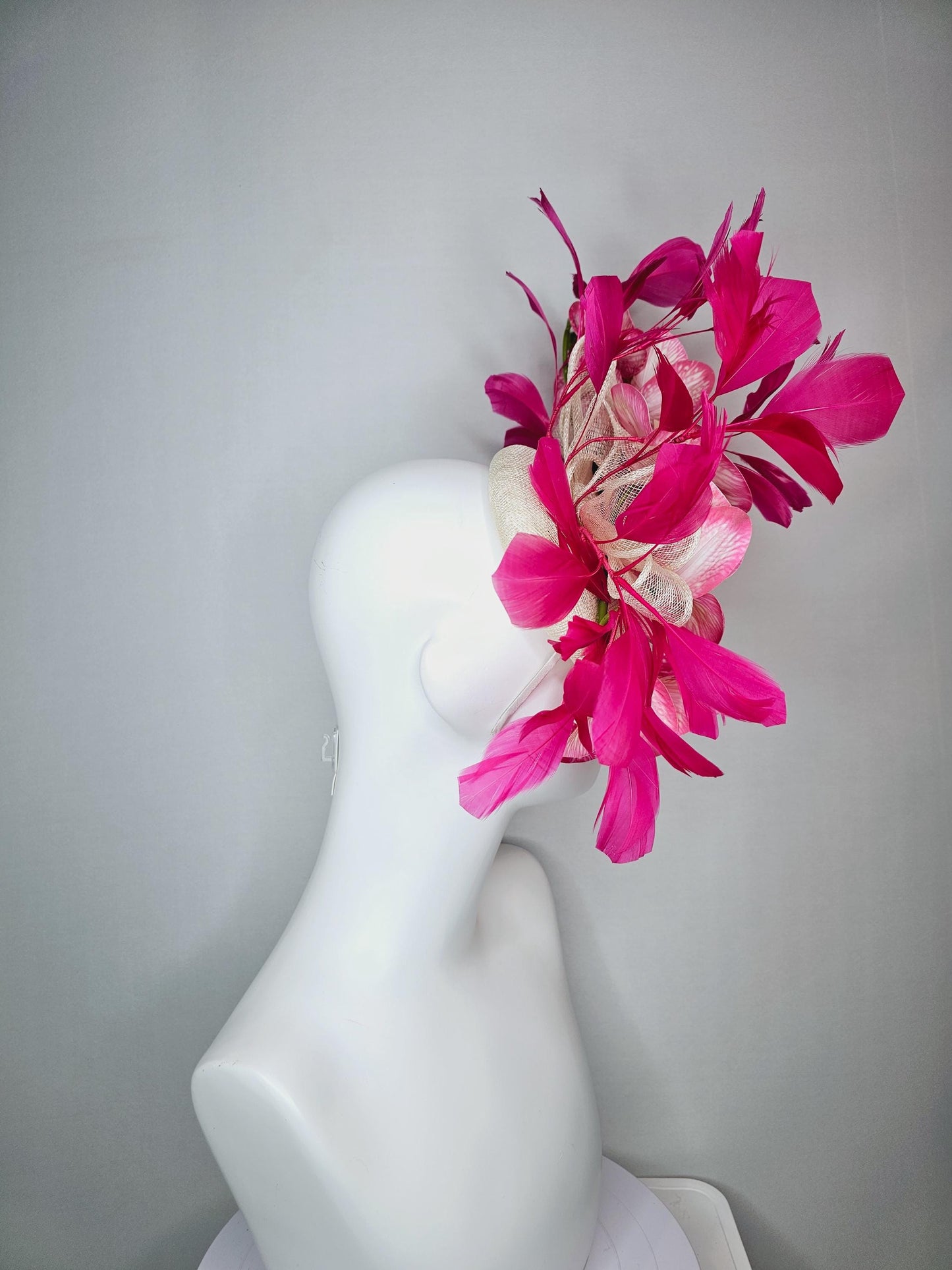 kentucky derby hat fascinator ivory white sinamay with bow and white and pink satin orchid flowers with hot pink branching feathers